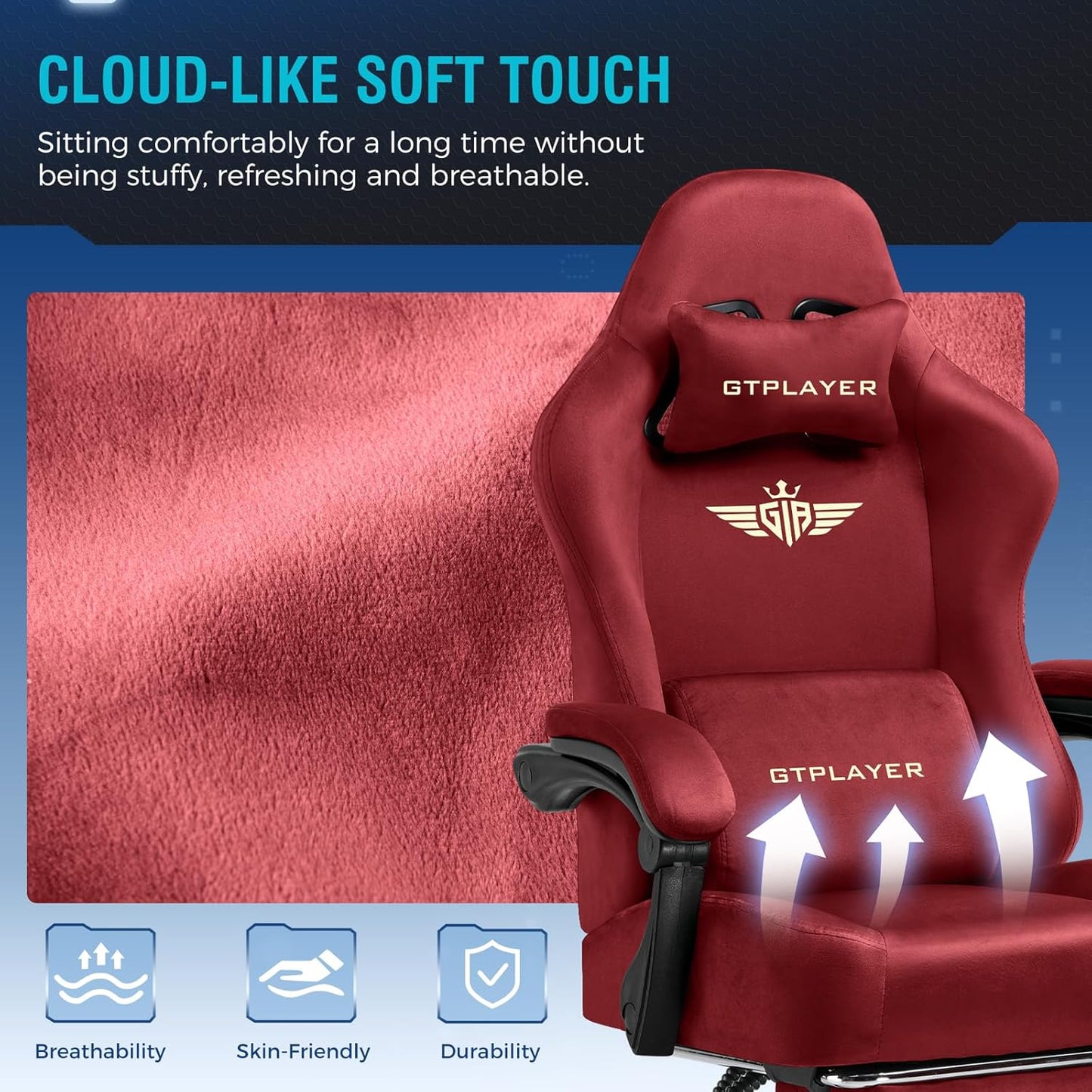 GTPLAYER Gaming Chair Fabric with Pocket Spring Cushion, Big and Tall Gamings Chairs 350LBS High Back Computer Chair with Footrest for Adults Lumbar Support Swivel Game Chair for Office Gaming Red