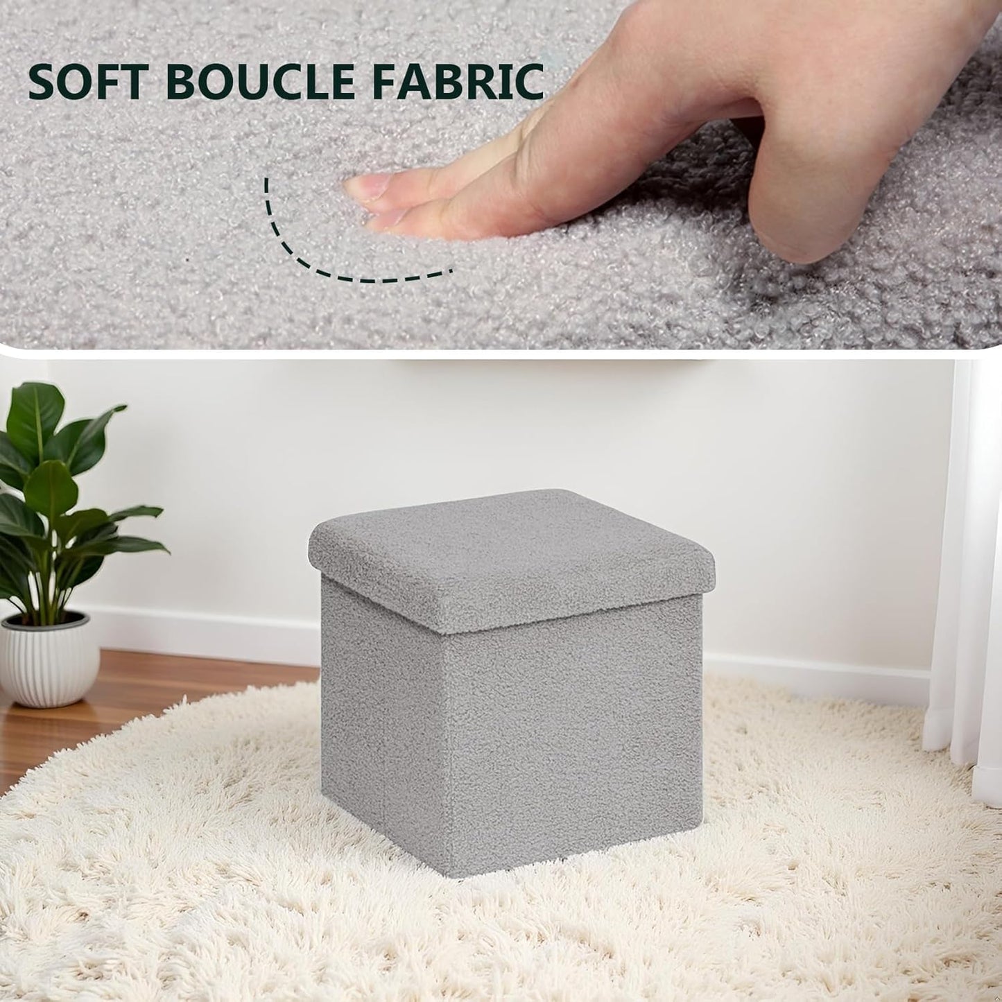 Folding Storage Ottoman Cube - Small Footrest with Sherpa Top, Multi-Functional Storage for Bedroom, Living Room-Grey