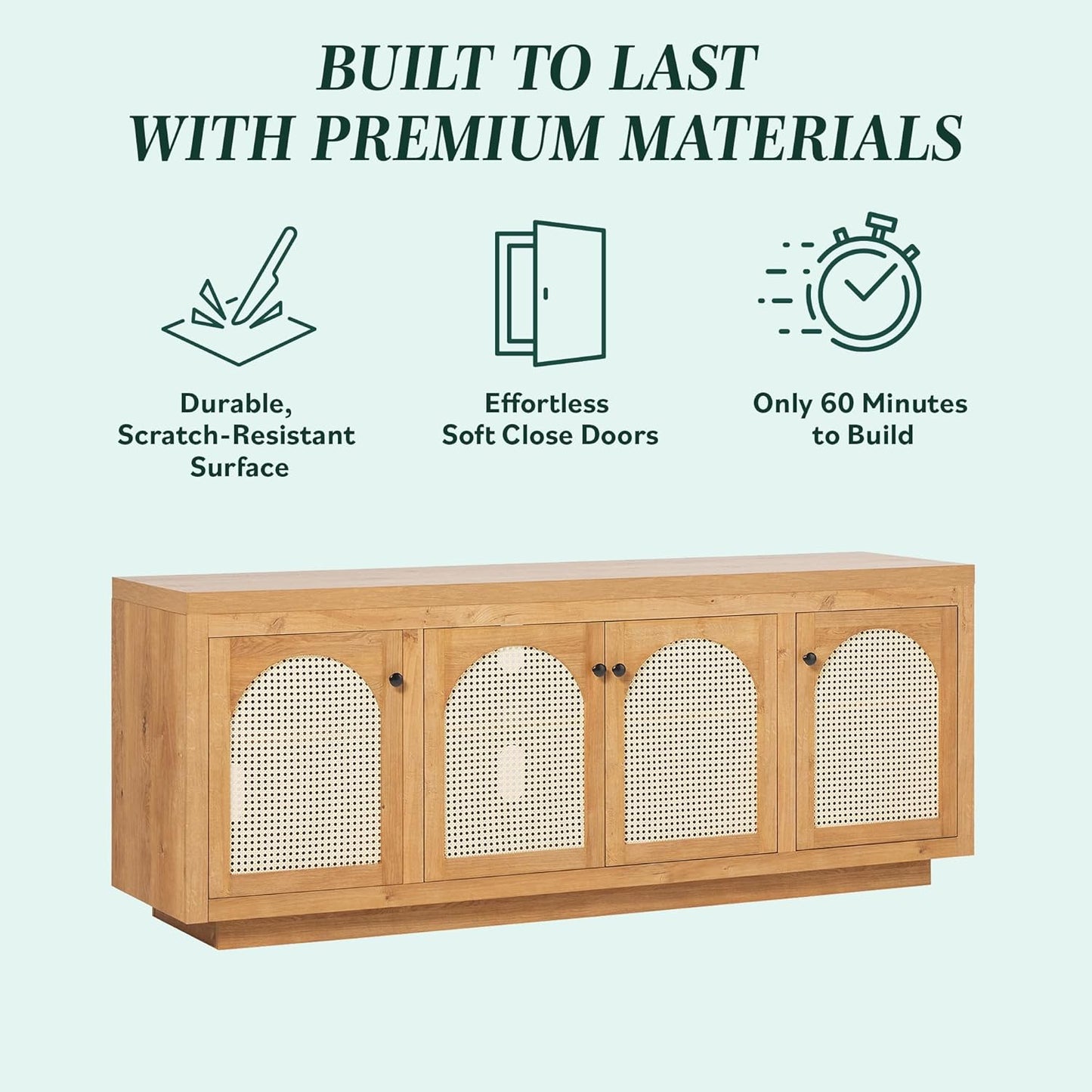 Walker Edison Sasha 4-Door Sideboard Buffet with Arched Rattan Panels, 70 Inch, English Oak