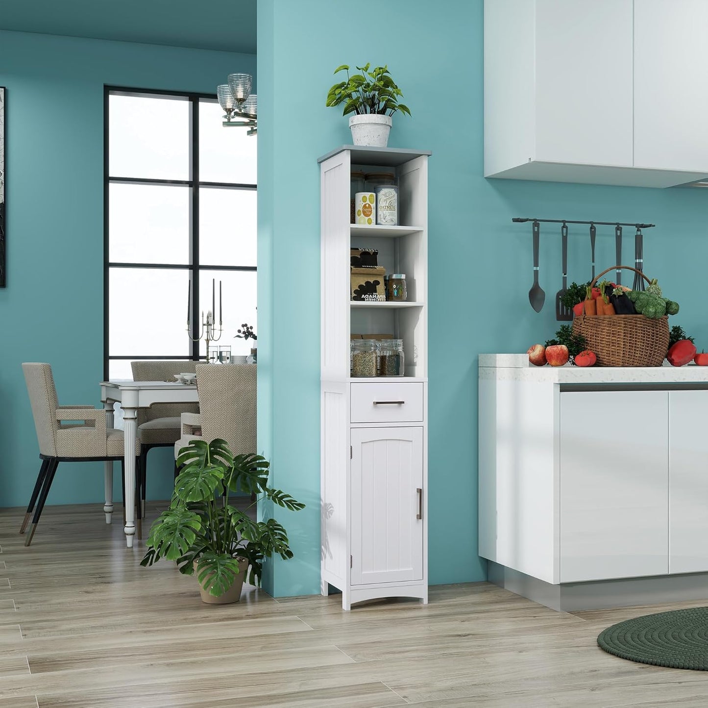 Tall Bathroom Storage Cabinet - 13" Narrow Slim Cabinet with Adjustable Shelves & Anti-Fall Drawers, Freestanding Linen Closet Organizer (Matte White & Grey Top, 64" Tall Cabinet with Doors)