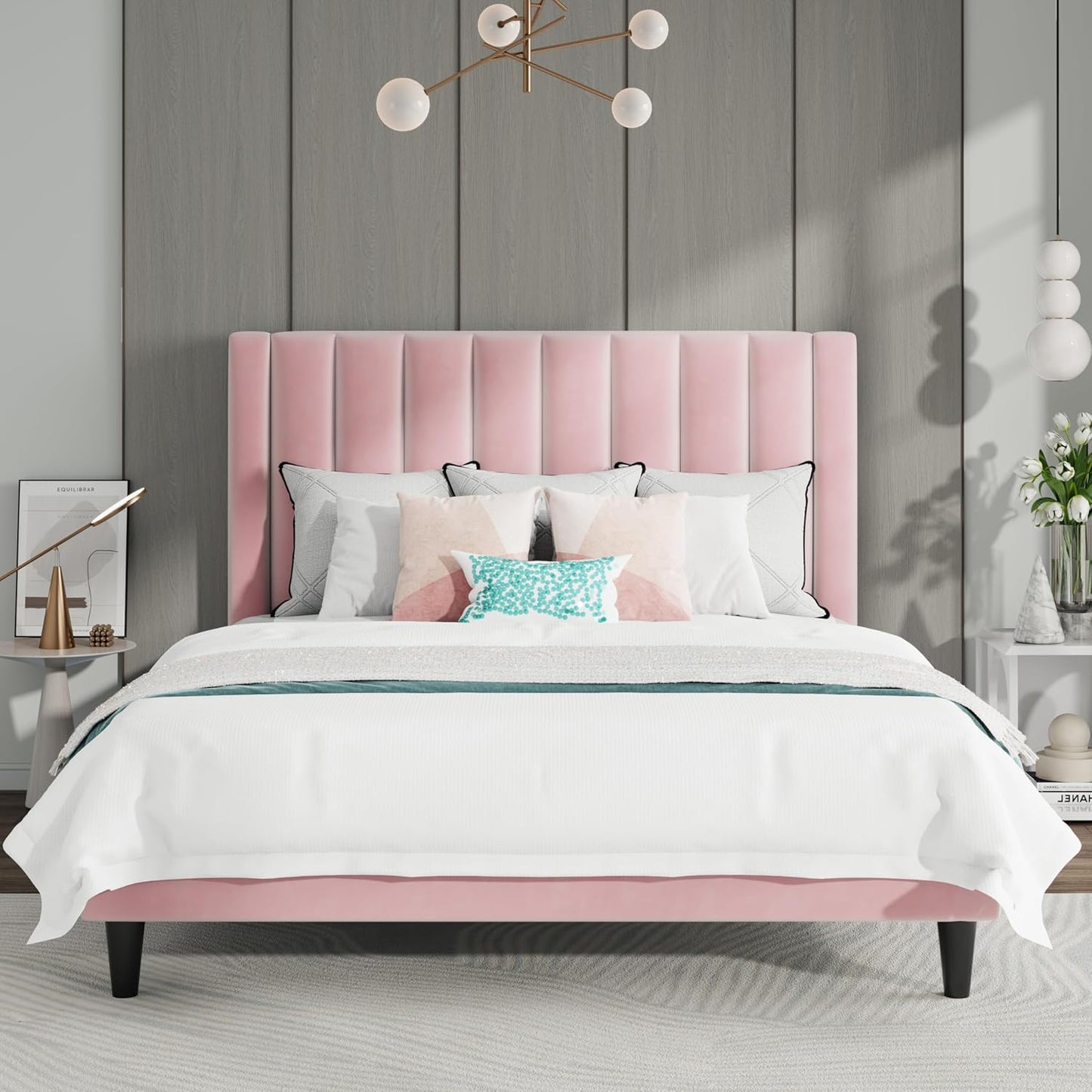 SHA CERLIN Queen Bed Frame/Velvet Upholstered Platform Bed Frame with Headboard/Strong Wood Slats Support/Mattress Foundation/No Box Spring Needed - Pink
