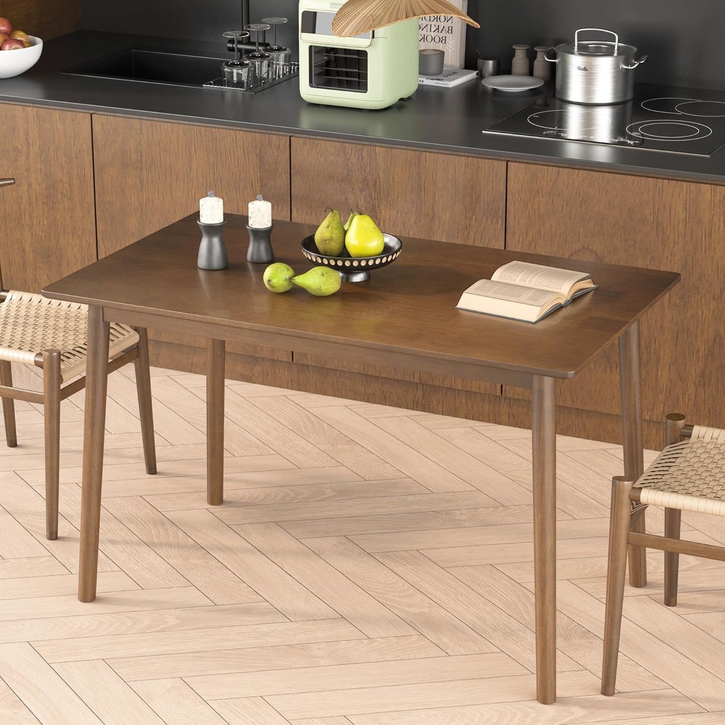 100% Solid Wood Rectangular Dining Table - 47.2" Mid Century Modern Kitchen Table, Wooden Dining Tables Seats 2-4 People，Small Farmhouse Rectangle Desk for Dining Room, Kitchen, Living Room (Walnut)