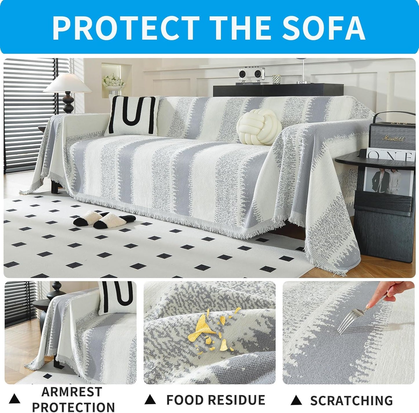 LUFEIJIASHI Boho Couch Covers for Sofa Non Slip Sofa Covers Washable Couch Covers for 3 Cushion Couch Sofa Pet Friendly Sectional Couch Cover Blanket Furniture Protector for Dogs (Grey, 71"x118")