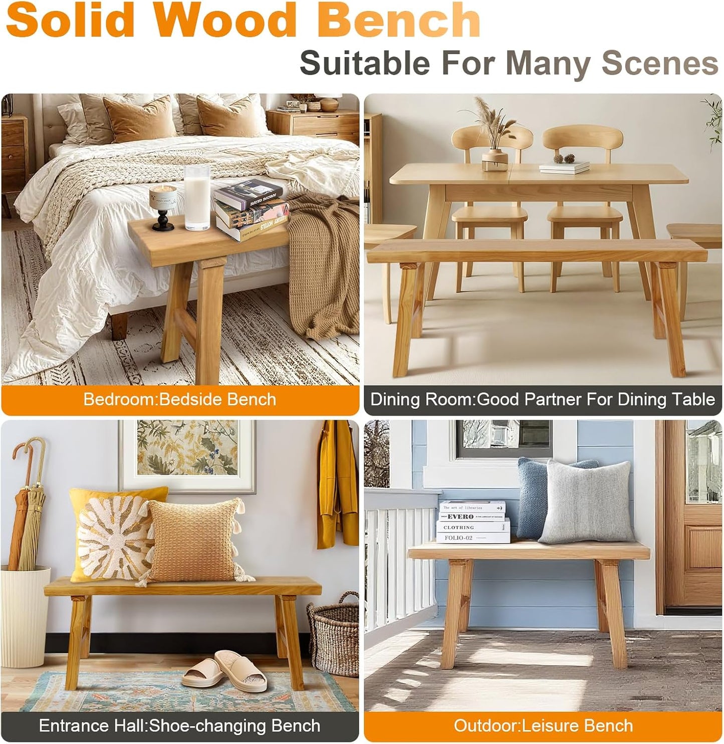 Farmhouse Solid Wood Bench: Long Rustic Indoor Narrow Wooden Bench for Entryway,Living Room, Dining Room,End of Bed,Hallway (63" Lx10 Wx18 H)