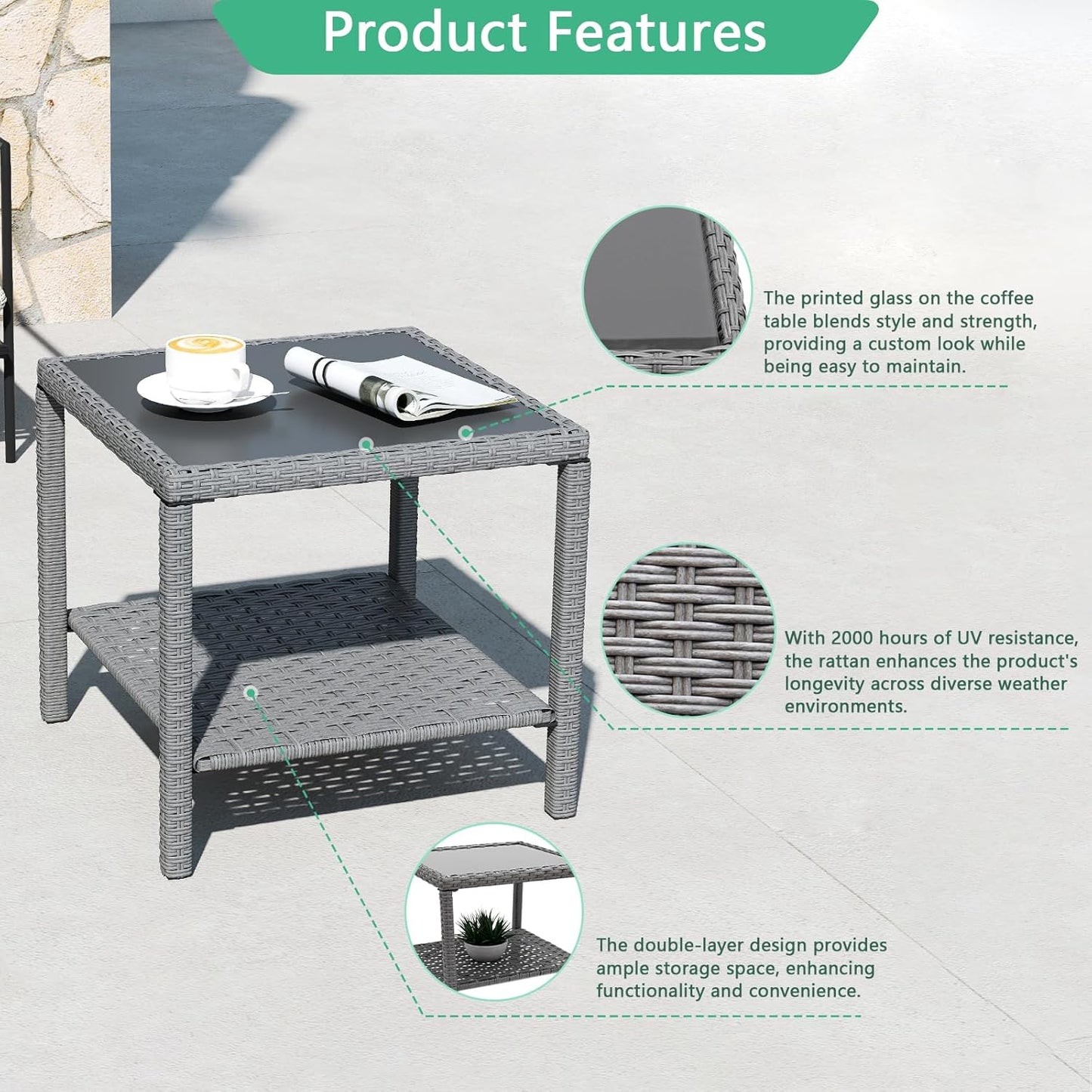 Helios&Hestia Square All Weather Rattan Wicker Outdoor Coffee Side End Table with Glass Top for Patio, Deck, Backyard, Garden, Grey