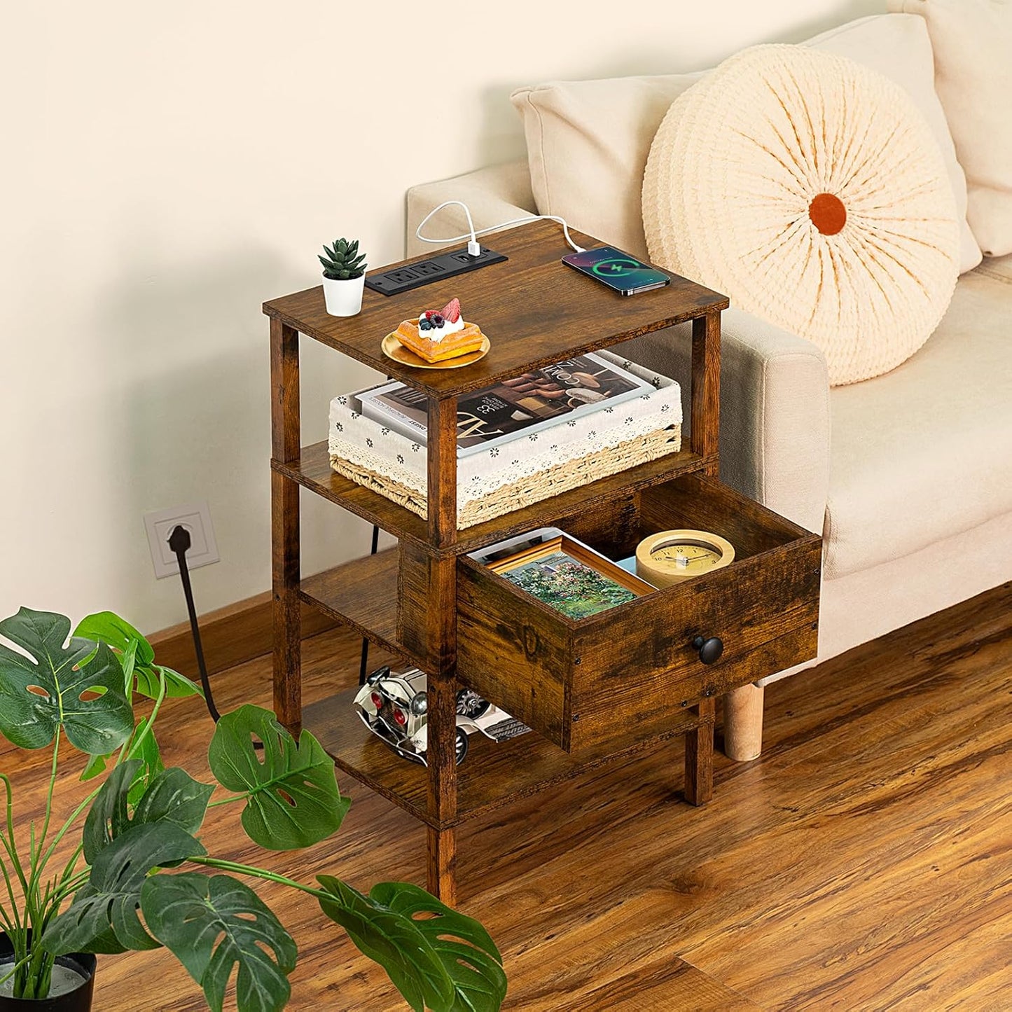 Lerliuo Nightstand with Charging Station and USB Ports, 3-Tier Storage End Table with Drawer Shelf, Night Stand for Small Spaces, Wood Bedside Table for Living Room, Bedroom - Retro Brown…