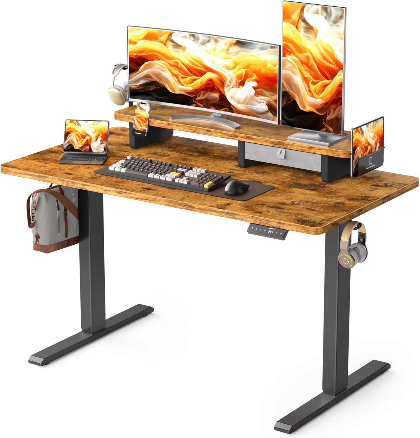48x24 Inches Electric Standing Desk With Drawer and Monitor Stand, Height Adjustable for Home Office, Ergonomic Sit to Stand With Phone Holder, 3 Hooks, Rustic Brown