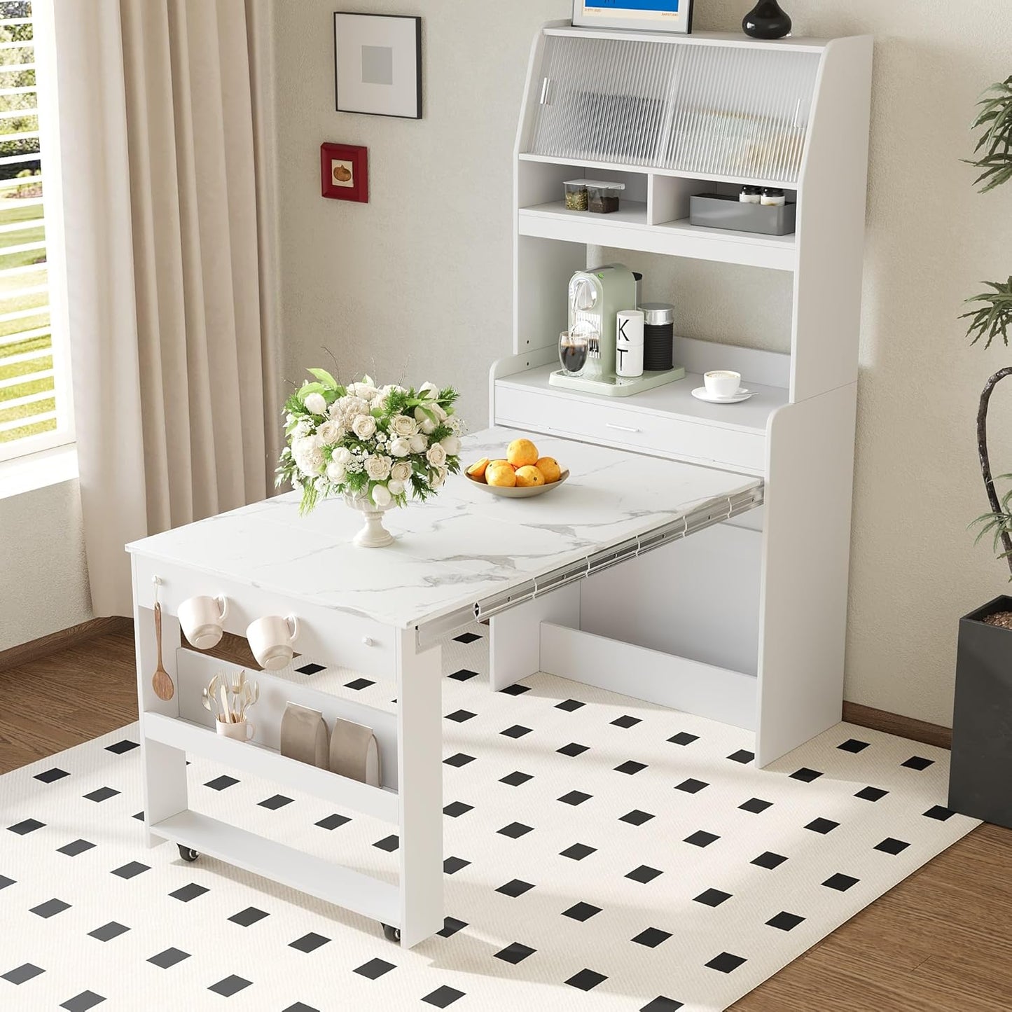 Merax Sideboard Buffet Cabinet with Foldable Dining Table, Multifunctional Cupboard with Storage Shelf and Hooks, for Small Places,Studio, Apartment