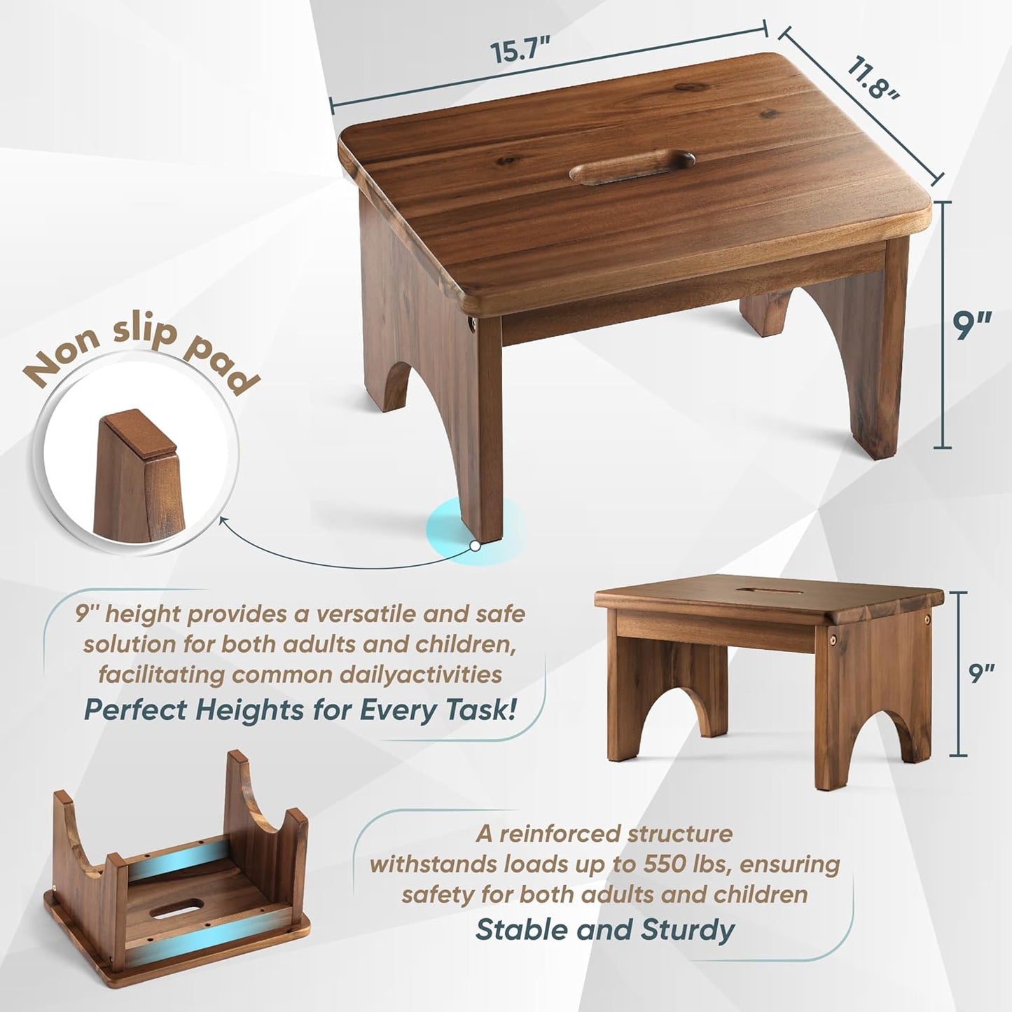 Wooden Step Stool, 9in One Step Stool for Adults, Wooden Beside Step Platform with 550 Load Capacity, Heavy Duty/Portable/Nonslip/Durable Construction Safe Step Support for Bedroom/Home Kitchen