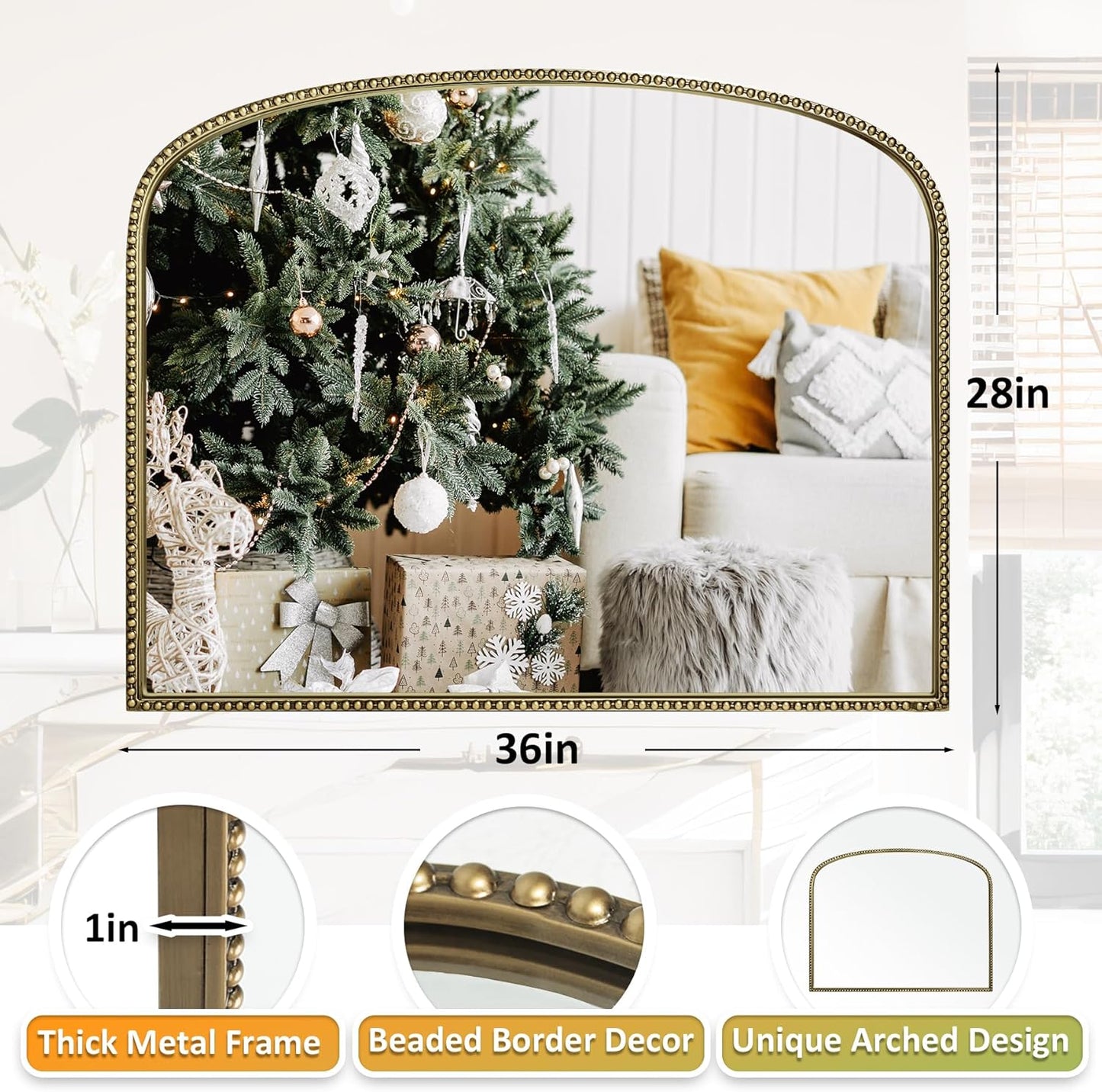 36"X28" Arched Wall Mirror for Fireplace Mantel, Vintage Gold Metal Beaded Accent Mirror, Distortion-Free Glass for Living Room, Entryway, Bathroom, Bedroom Decor