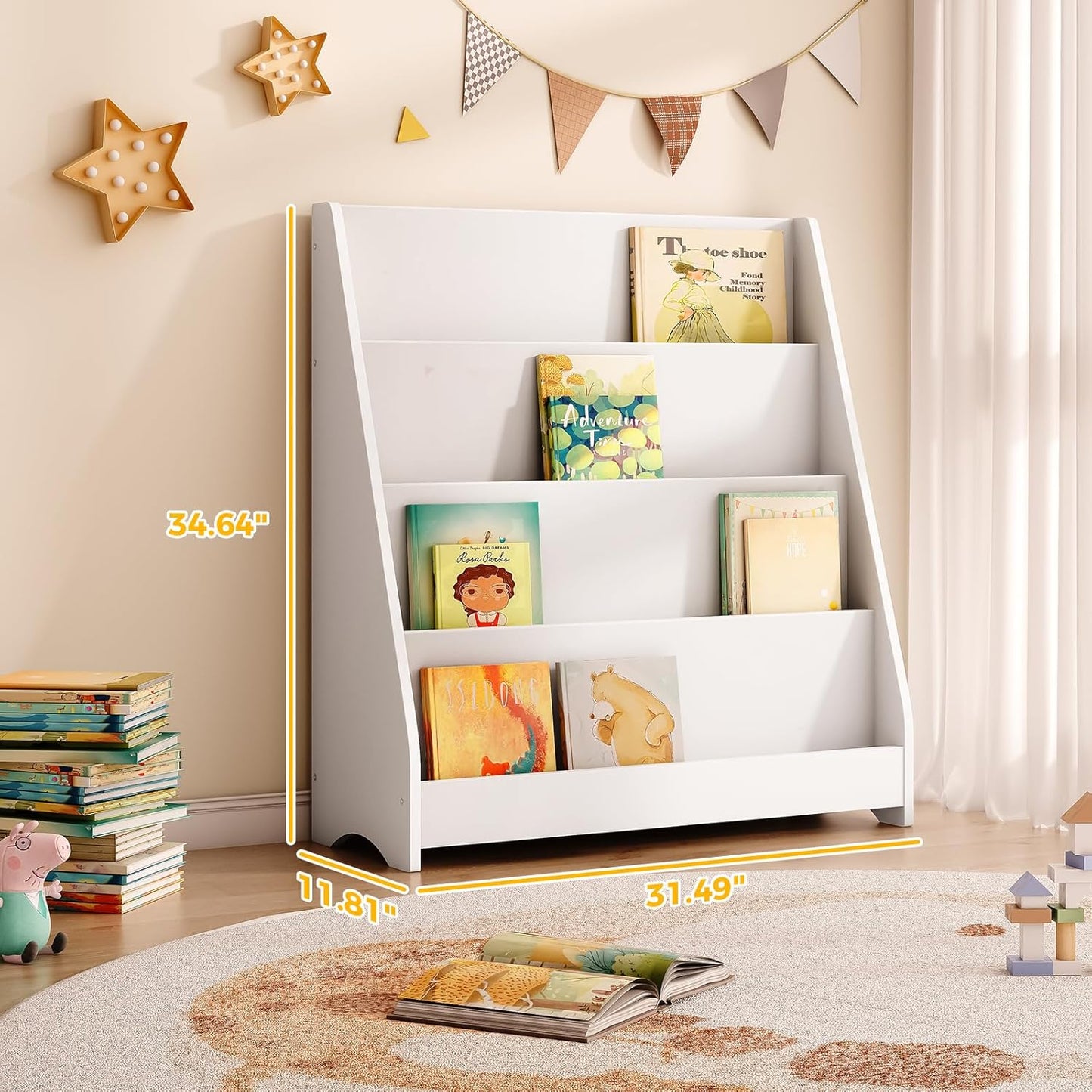 Tatub 4 Tier Kids Wooden Bookshelf, Toddler Sling Bookcase Montessori Bookshelf, Children Front Facing Book Shelf for Nursery, Playroom and Classroom, White