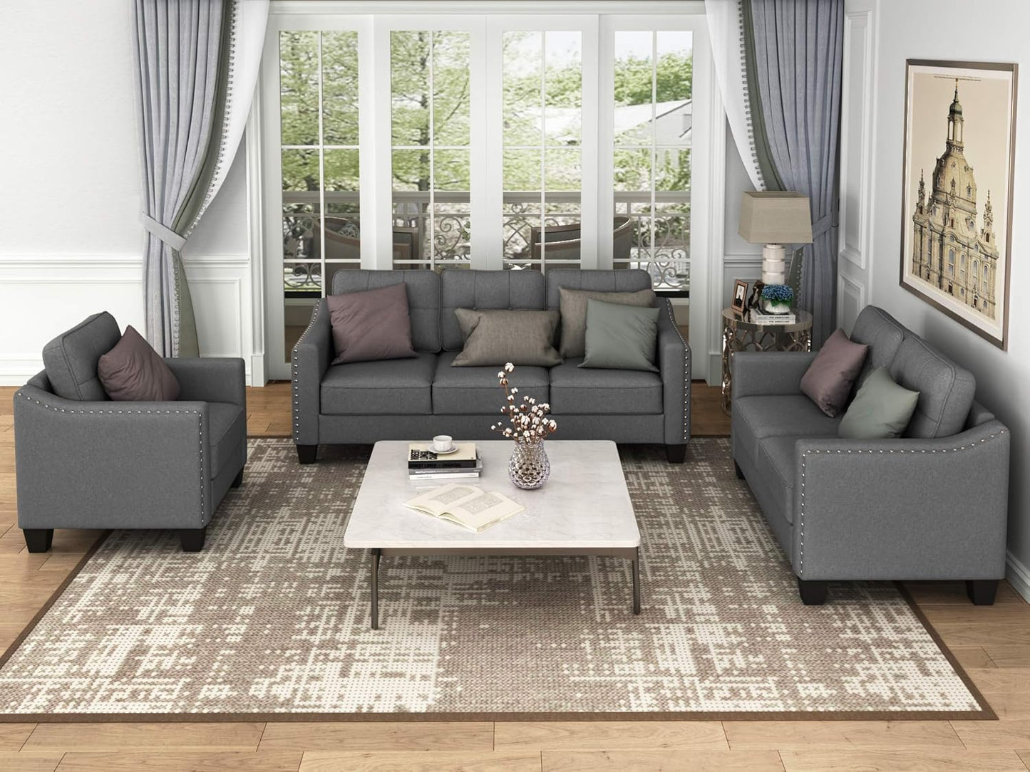 FANYE 3 Pieces Living Room Furniture Sets Include Sofa, Loveseat and Armchair, Linen Fabric Upholstered Sectional Couch with Classical Rivets Decor and Tufted Back Cushions, Retro Gray Sofa & Couch