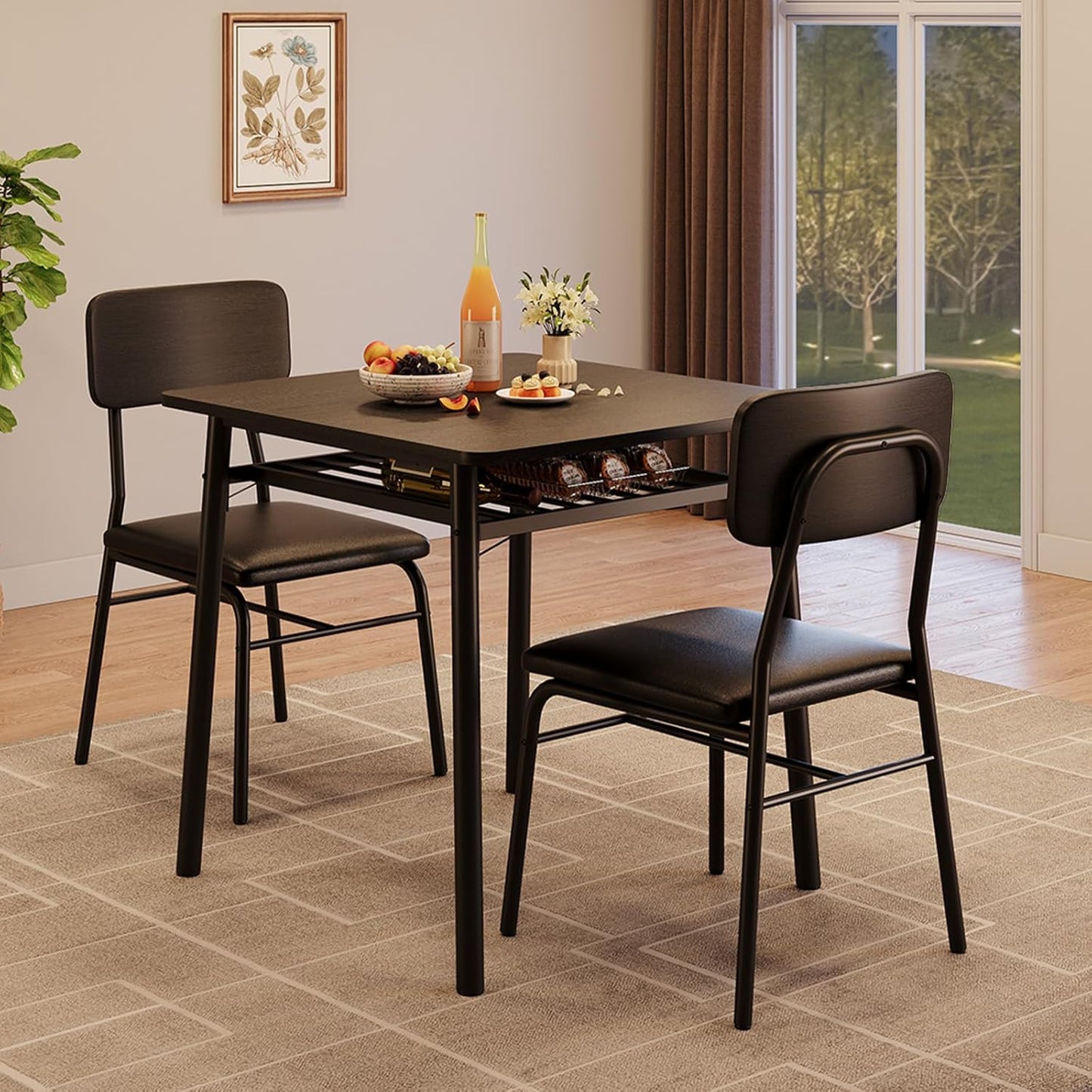 GarveeHome Dining Table for 2 with Storage Rack, Small Kitchen Table for 2 with Metal Frame, Square Table with Upholstered Chairs Set of 2, 3-Piece Dining Room Set for Small Space, Apartment, Black