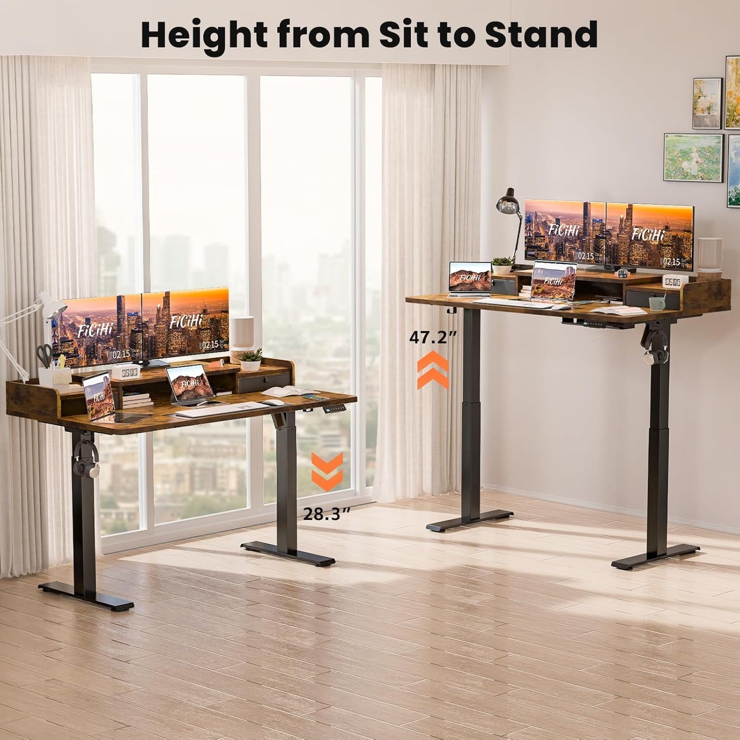 48x30 Inch Electric Standing Desk with Drawers & Widen Desktop, Thickened Desk Frame, Adjustable Height Sit Stand Up Table, Home Office Computer Desk with Cable Management, Rustic Brown