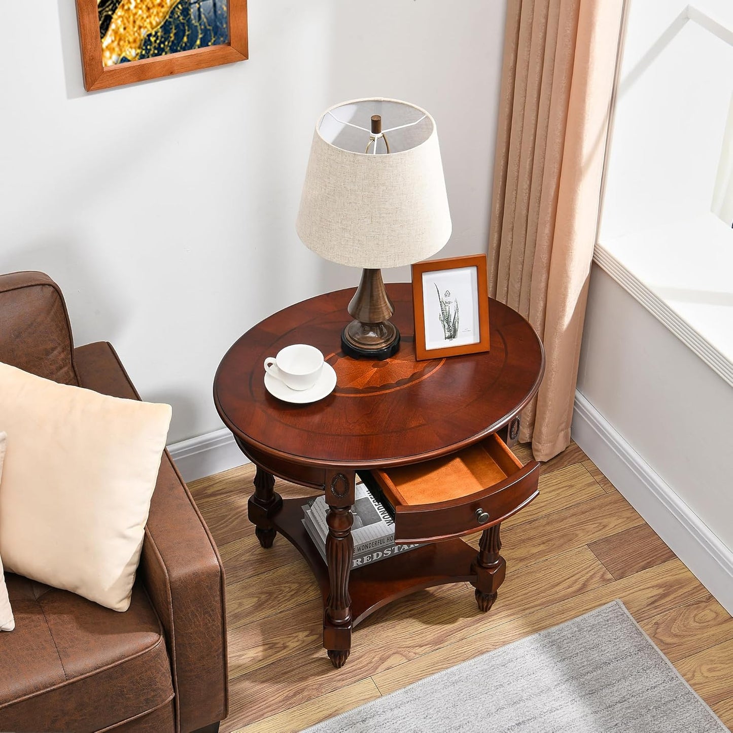 LEEMTORIG Oval Round End Table, 2-Tier Cherry Wood End Table Solid Wood Side Table with Drawer, Victorian Vintage Nightstand for Bedroom Living Room, 28"W x 22"D x 24.2"H, Cherry Walnut CJZ-1533-WD-DR