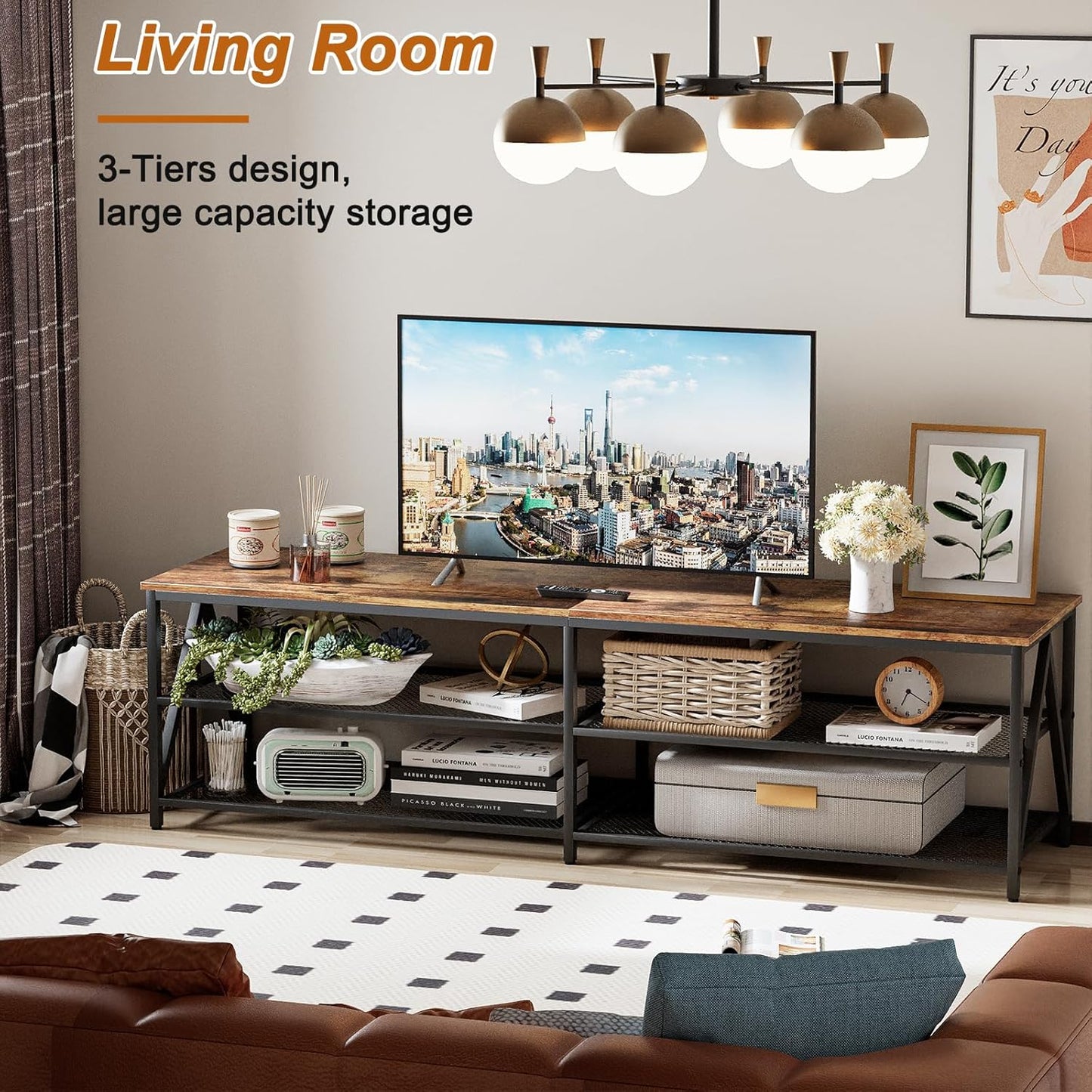 TV Stand for TVs up to 75 Inch, 70" Long Industrial TV Console Table with 3-Tier Storage Shelves, Entertainment Center for Living Room, Bedroom (Rustic Brown)