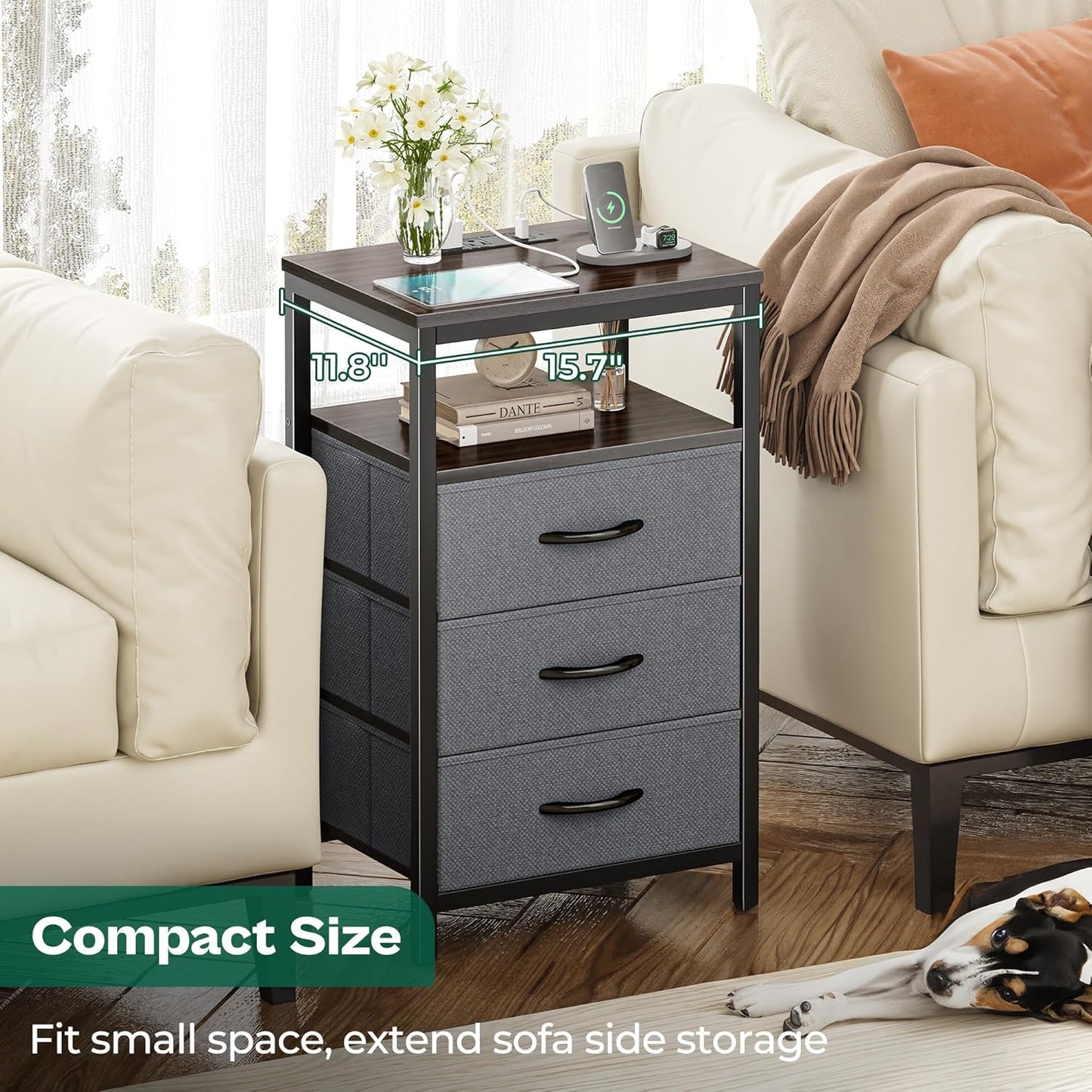 Huuger Nightstands Set of 2, 27.6 Inch End Tables with Charging Station, Fabric Drawers, Bedside Tables with USB Port and Outlet, Night Stands for Bedroom, Walnut