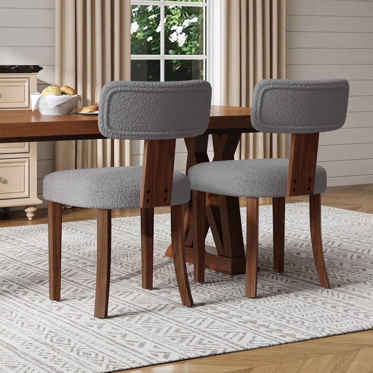 Farmhouse Chair Set of 4, Mid Century Modern Dining Chairs, Sherpa Upholstered Kitchen Chairs with Curved Backrest & Adjustable Legs for Living Room/Bedroom, Easy to Install, Grey Sherpa