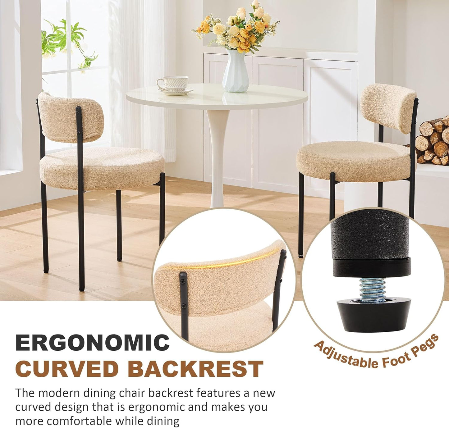 Dining Chairs Set of 4, Beige Boucle Dining Chair, Curved Backrest Upholstered Dining Room Chairs with Black Metal Legs, Mid Century Modern Dining Chairs for Kitchen, Living Room, Beige