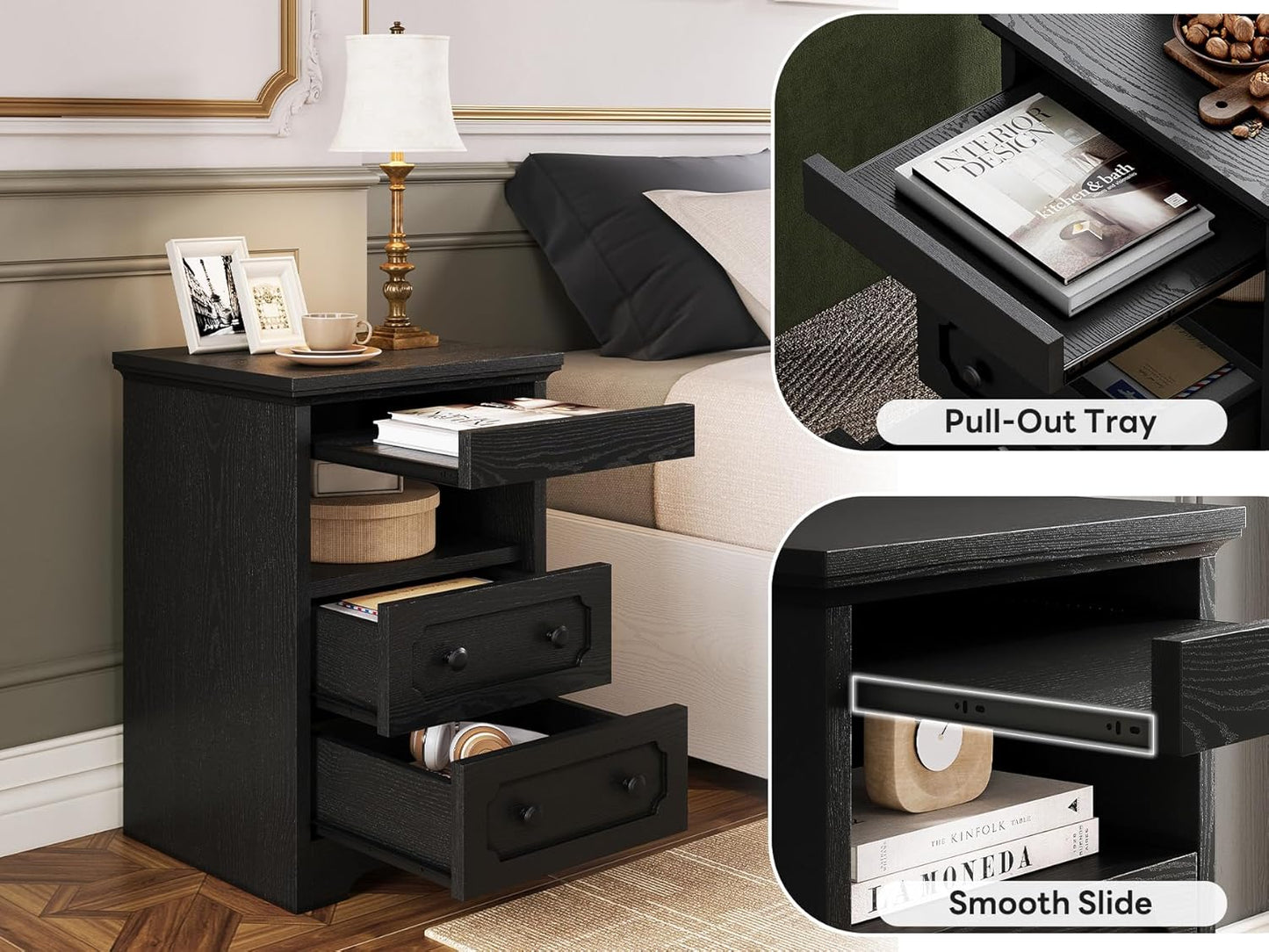 LIKIMIO Night Stand, Modern Bedside Table with 2 Drawers, Open Shelf, End Table with Pull-Out Tray, Wood SideTable, Black