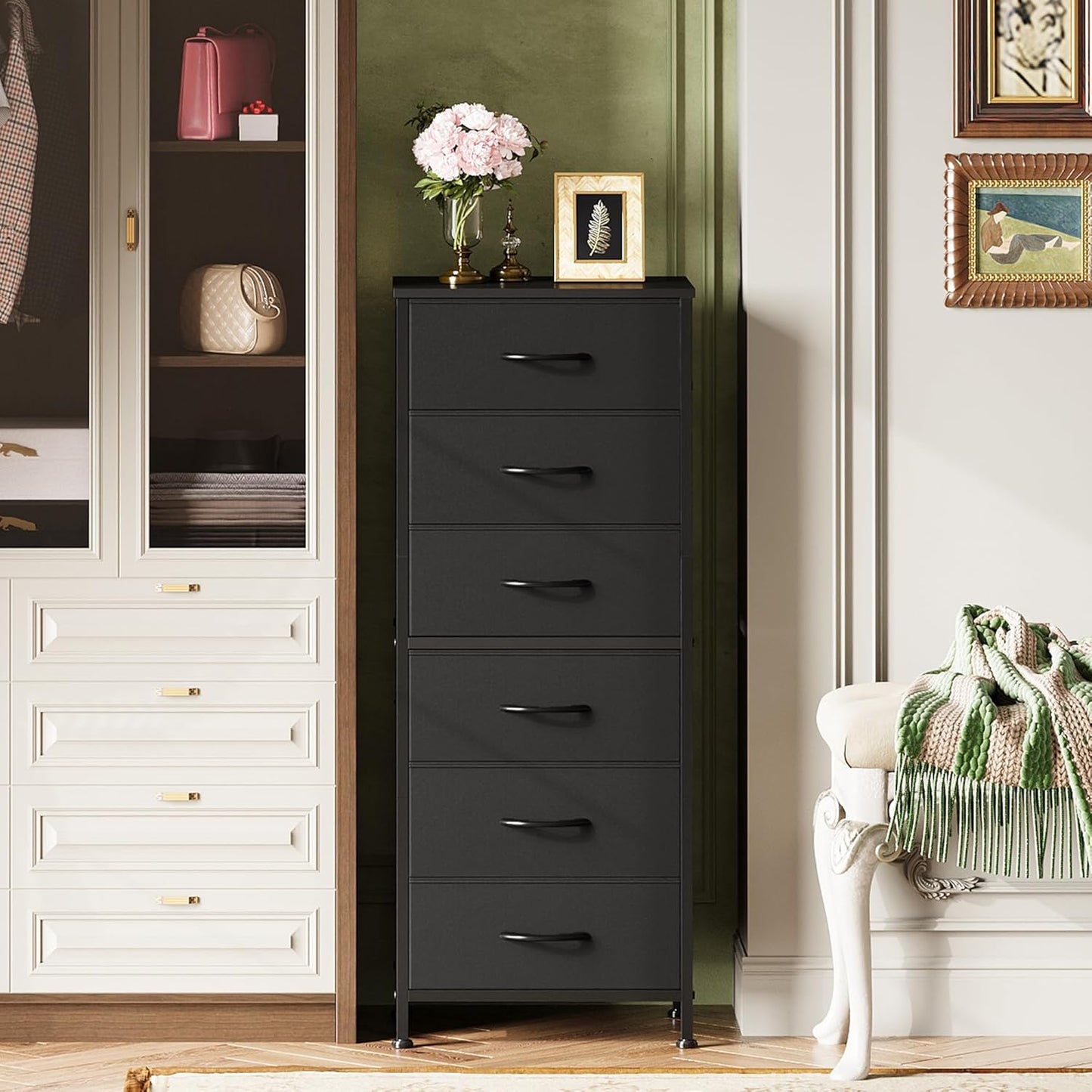 WLIVE Black Tall Dresser for Bedroom, 6 Drawer Dressers & Chests of Drawers, Fabric Dresser for Closet, Living Room, Night Stand with Metal Frame, Storage Tower with Fabric Bins, Wood Top