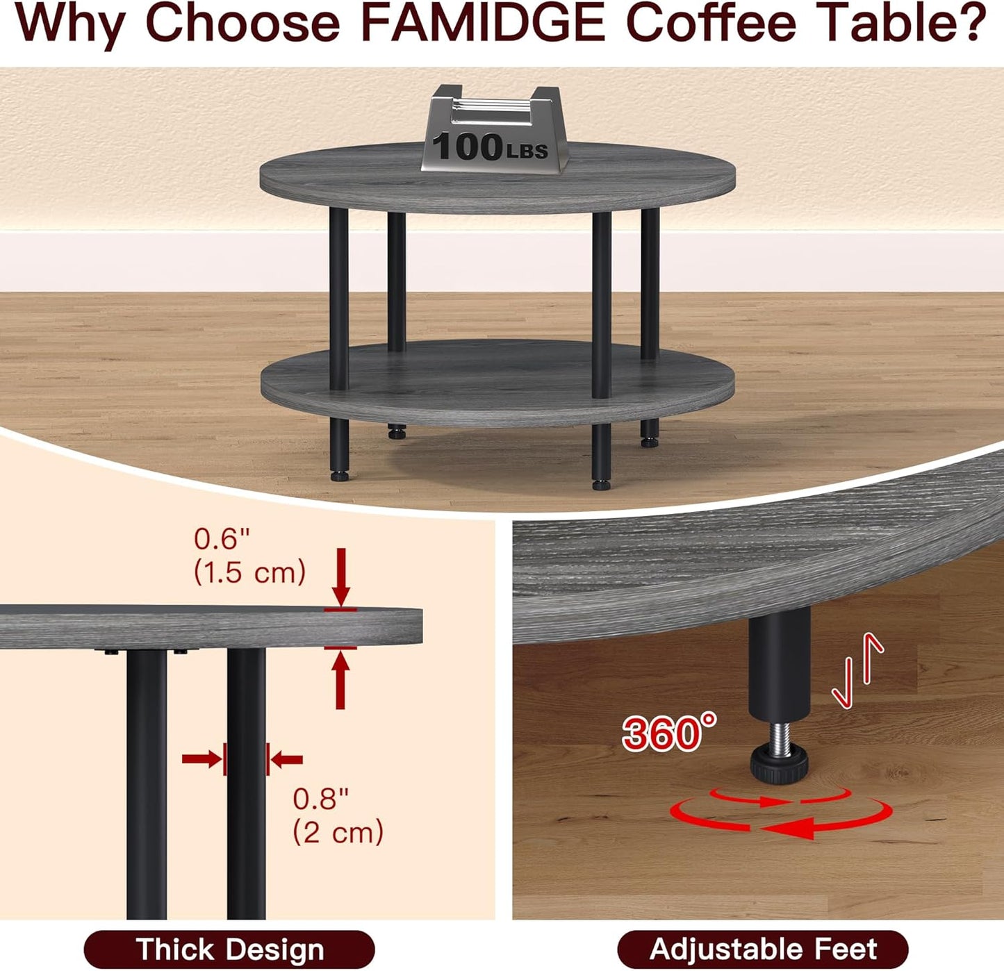 Coffee Table, 2 Tier Coffee Tables for Living Room, Round Coffee Table with Storage, Floor Table for Bedroom, Home Office, Grey (23.6" D x 18.1" H)