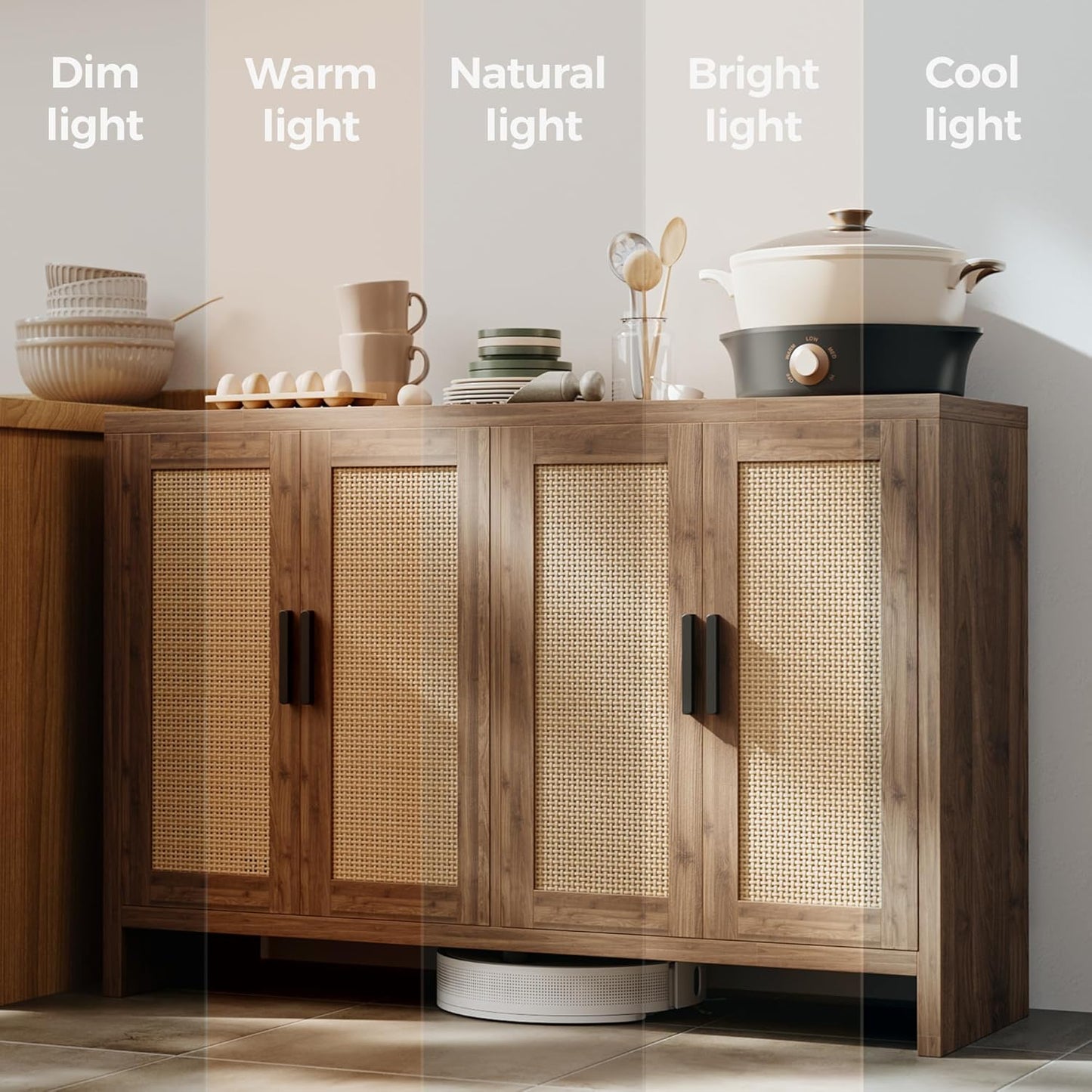 Rattan Buffet Cabinet with Storage, Sideboard Cabinet with Doors and Adjustable Shelves, Farmhouse Coffee Bar Station Table, Modern Wood Cupboard for Kitchen, Livingroom, Walnut