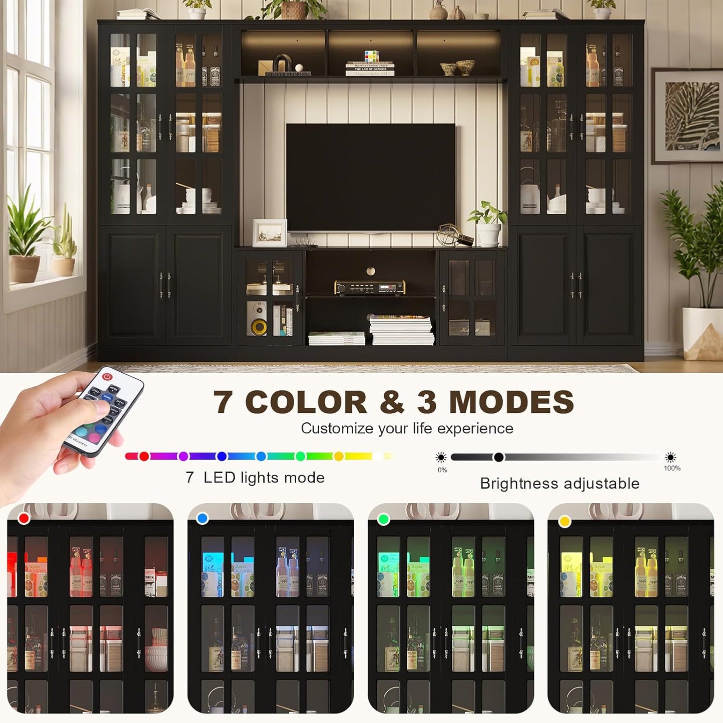 4-Piece Wall Unit TV Stand with Storage & LED Lights for TVs up to 75", Modern Entertainment Center with Bookshelves & 4-Door Pantry Cabinet, Black