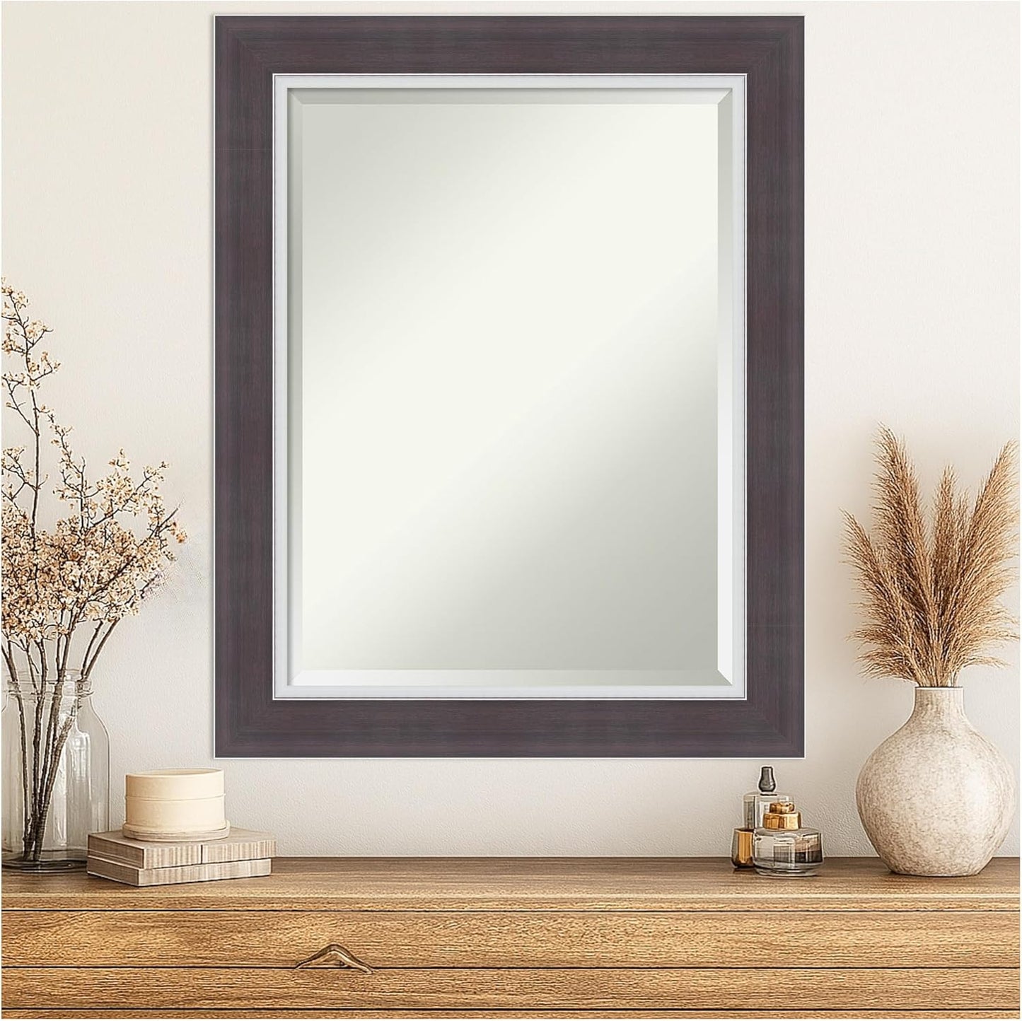 Amanti Art Brown Wall Mirror 30x24 Ellie Brown Silver Rectangle Bathroom Mirror for Wall Decor Living Room, Medium Modern Frame, Hangs Horizonally and Vertically, Bathroom Decor, Beveled Edge