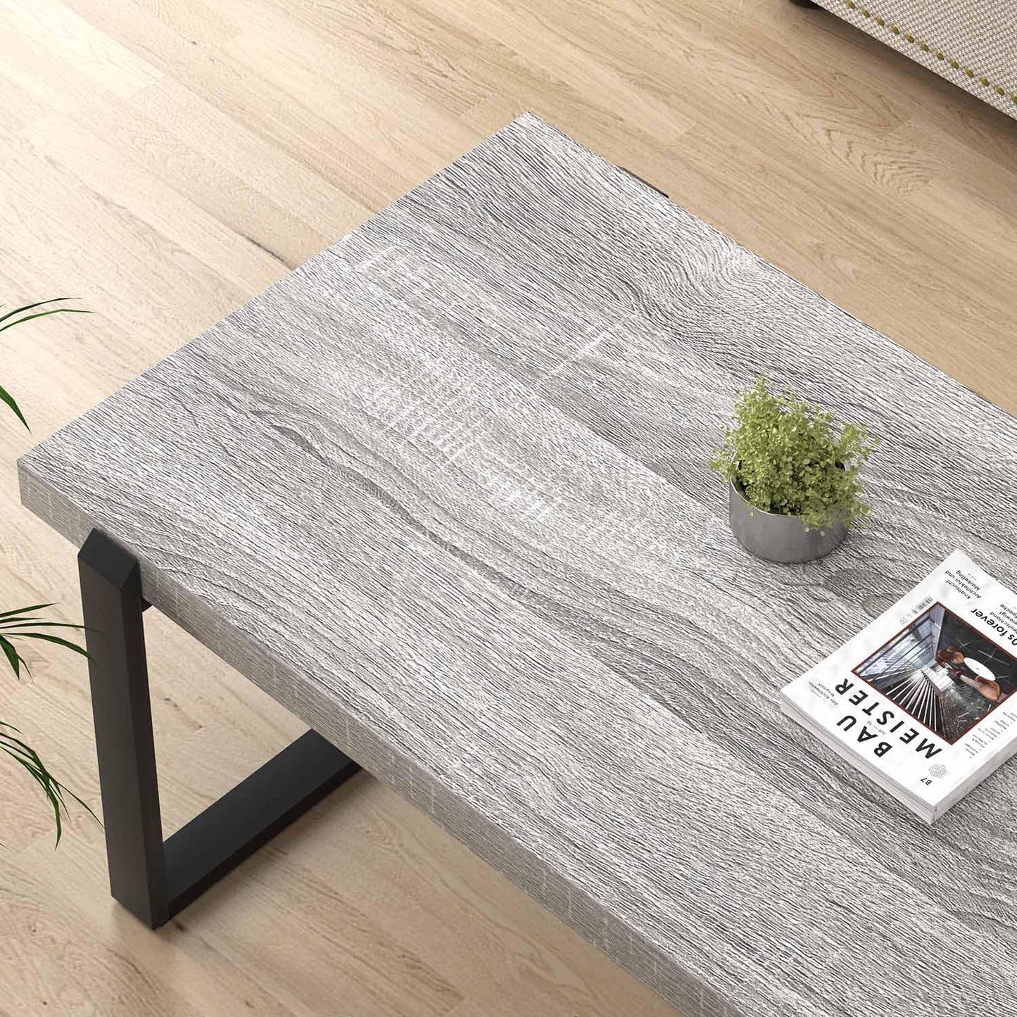 FOLUBAN Modern Coffee Table, Rustic Wood and Metal Center Table, Rectangle Cocktail Tea Table for Living Room, Light Grey, 47 Inch