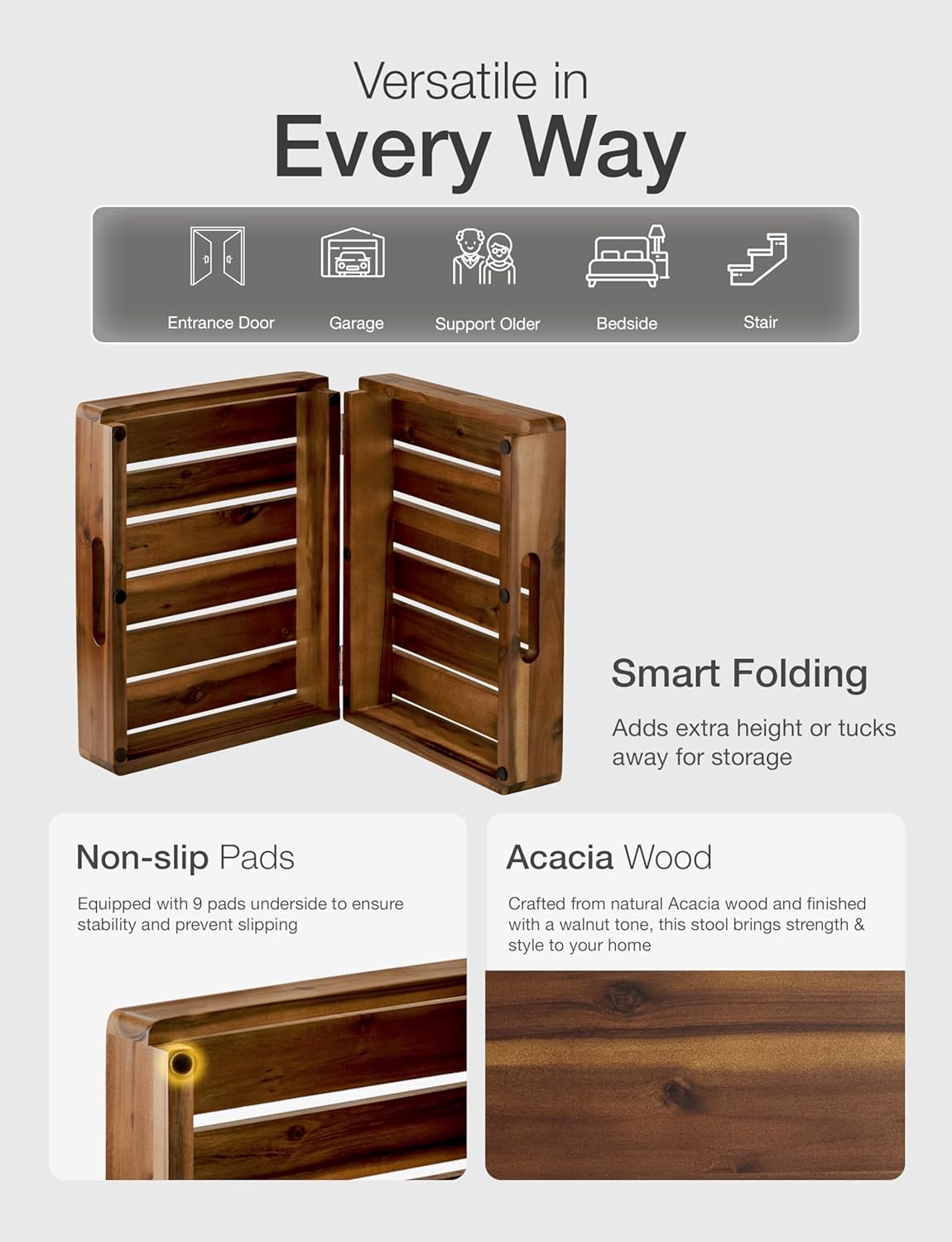 HOLANA 25in Wood Step Stool for Adults - Foldable Stepping Stool for Adults, Half Steps for Seniors - Acacia Wood Platform, Mobility Step - Wooden Platform 400 Lbs, Integrated Handles (Walnut Color)