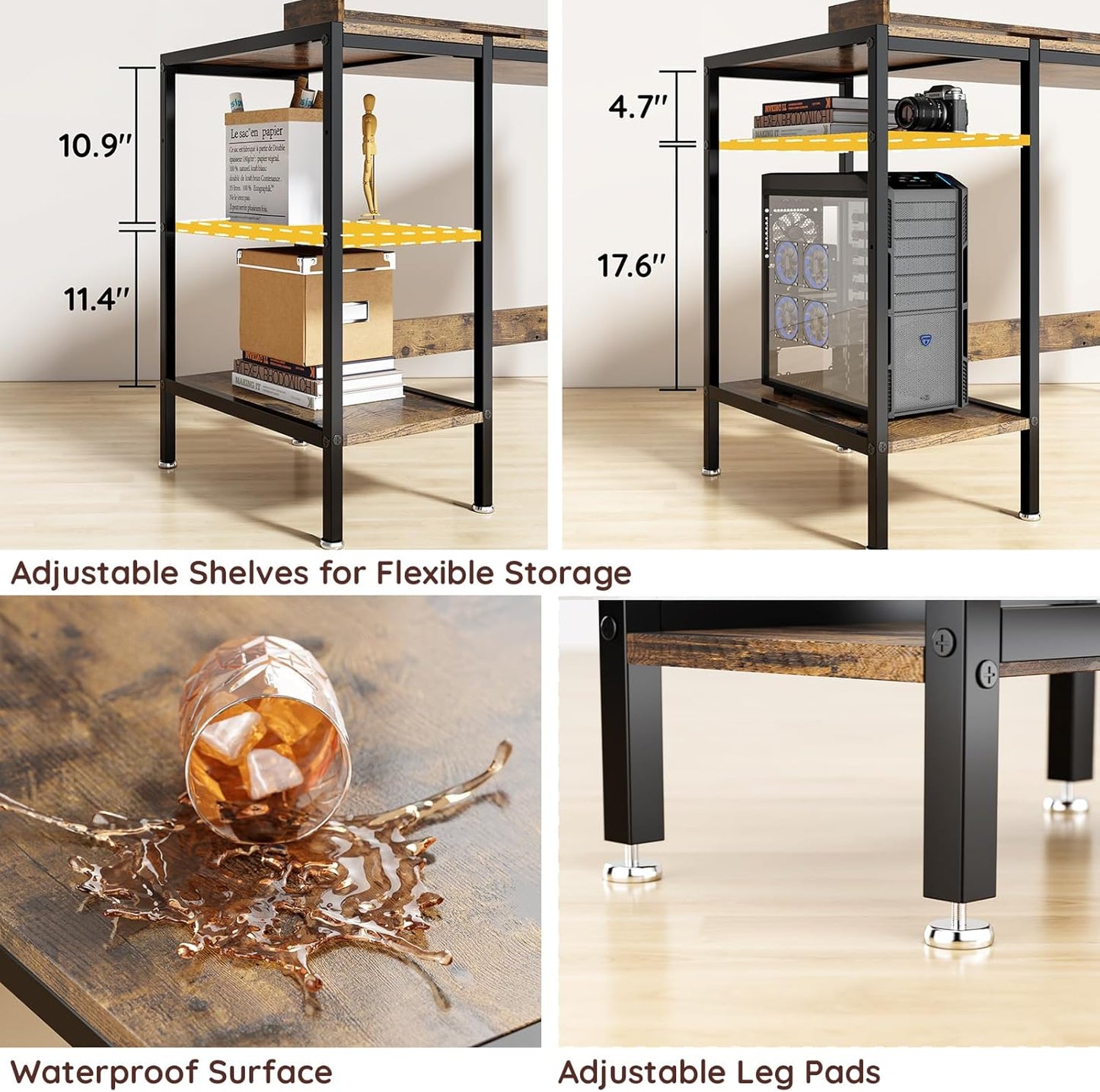 Computer Desk Gaming Desk with Monitor Stand, Home Office Desk Suitable for 2 Monitors, Writing Desk with Adjustable Storage Space,Sturdy and Durable Modern Small Desk (Vintage, 55 inchs)