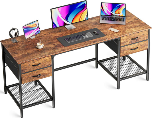 Huuger 63 Inch Computer Desk with 4 Drawers and Mesh Shelf, Gaming and Work Desk for Home Office, Study, Bedroom, Work from Home, Rustic Brown