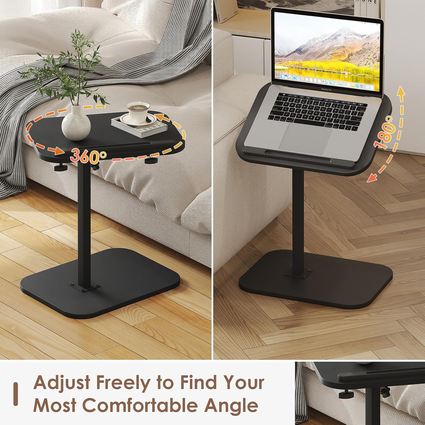 Sofa Couch Arm Table Tv Tray Small Bed Stand C Shaped Side End Tables for Living Room, Bedroom, Bedside Black