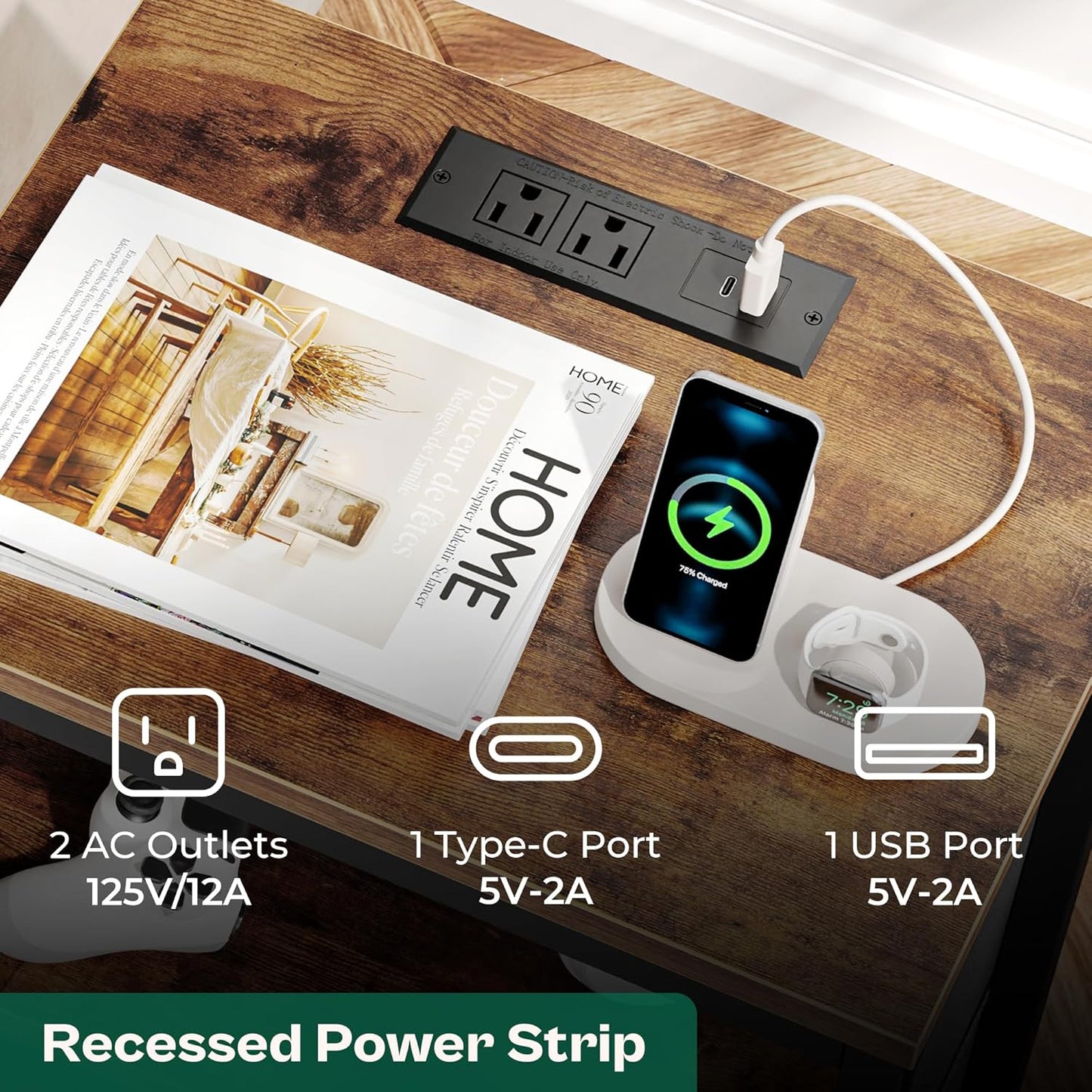 Huuger Nightstand with Charging Station, 27.6 Inch End Table Bedside Table with USB Ports and Outlets, Fabric Drawers, Night Stand for Bedroom, Rustic Brown and Black