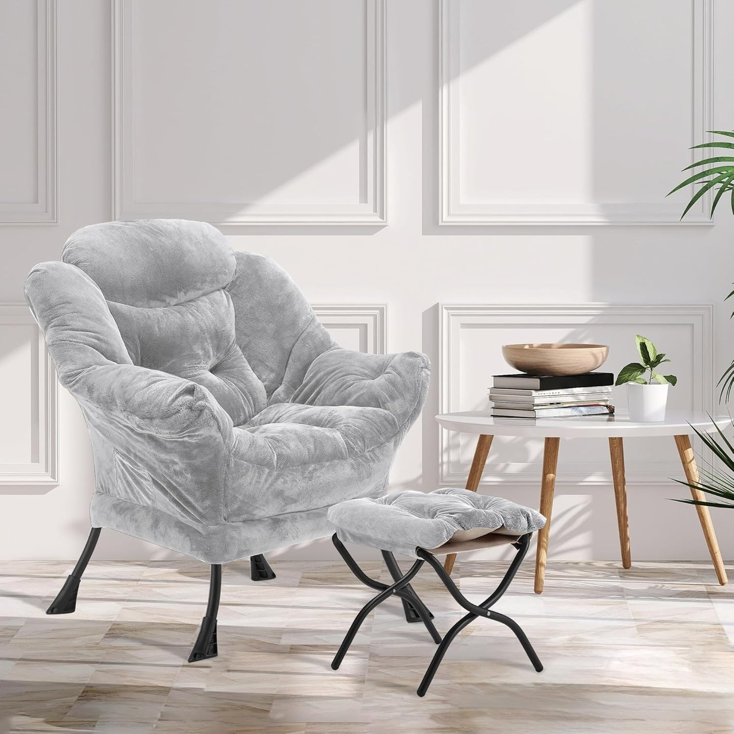 Fabric Lazy Chair with Ottoman, Oversized Upholstered Sofa Chair for Adults, Plush Comfy Lounge Chair with Large Side Storage Pocket, Reading Chair for Living Room, Bedroom, Dorm, Light Gray