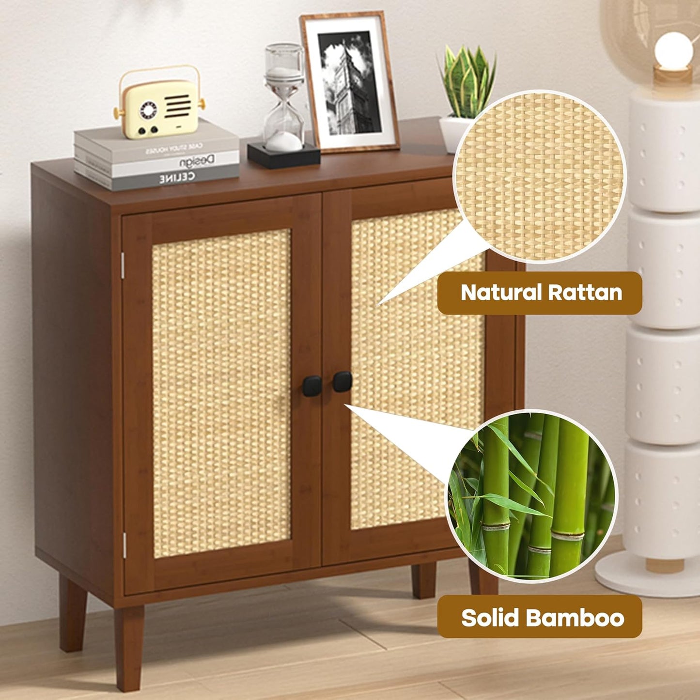 Bamboo Sideboard Buffet Cabinet with Rattan 2 Doors Kitchen Cupboard Accent Entryway Living Room Cabinet Chestnut Brown