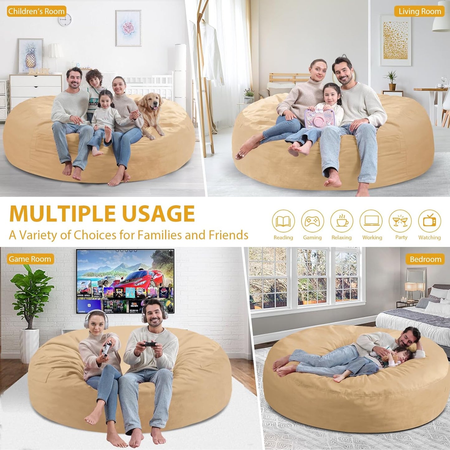 7FT Bean Bag Chair, Large Bean Bag Chairs with Memory Foam Filled, Fluffy Beanbag Sofa with Dutch Velvet Cover, Round BeanBag Chairs for Living Room, Playroom - Khaki