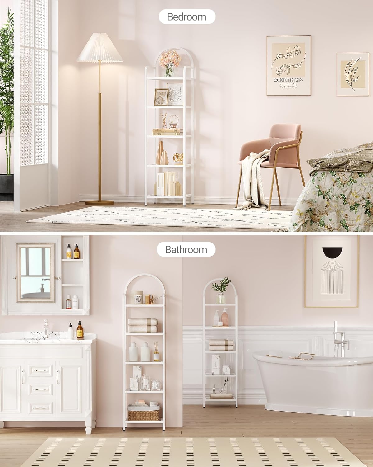 Bookcase Bookshelf, Tempered Glass Bookshelves, Slim Shelving Unit for Bedroom, Bathroom, Home Office, Steel Frame, 5 Tier White BC05099W