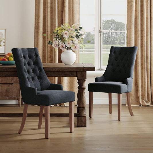 COLAMY Wingback Upholstered Side Dining Room Chairs Set of 2, Fabric Dining Chairs with Tufted Button, Living Room Chairs for Home Kitchen, Black