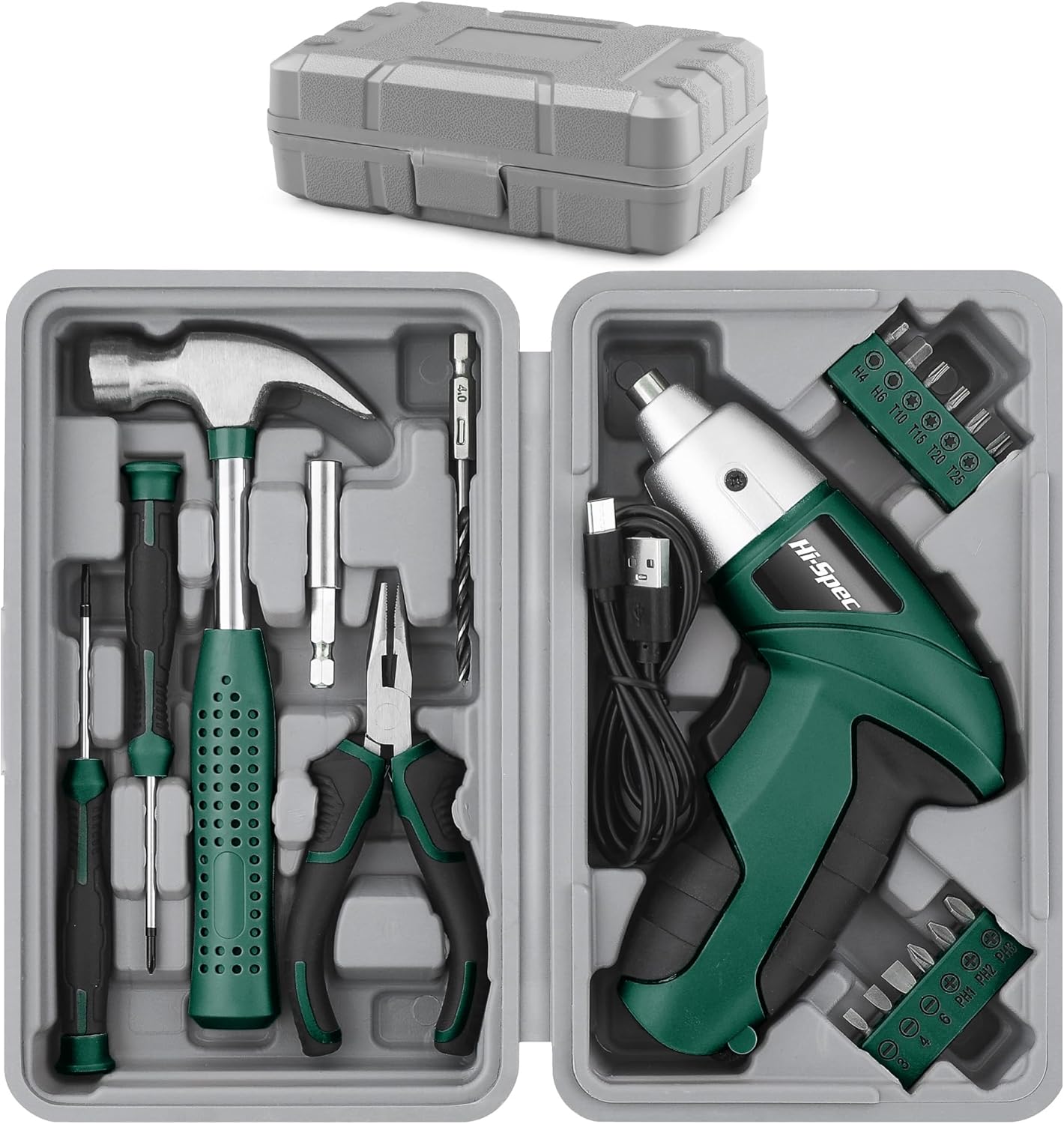 Hi-Spec 19pc 3.6V Green USB Small Power Screwdriver & Home DIY Tool Kit Set. Cordless & Rechargeable Electric Screwdriver and Compact Hand Tool Box Set