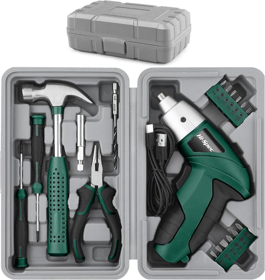 Hi-Spec 19pc 3.6V Green USB Small Power Screwdriver & Home DIY Tool Kit Set. Cordless & Rechargeable Electric Screwdriver and Compact Hand Tool Box Set