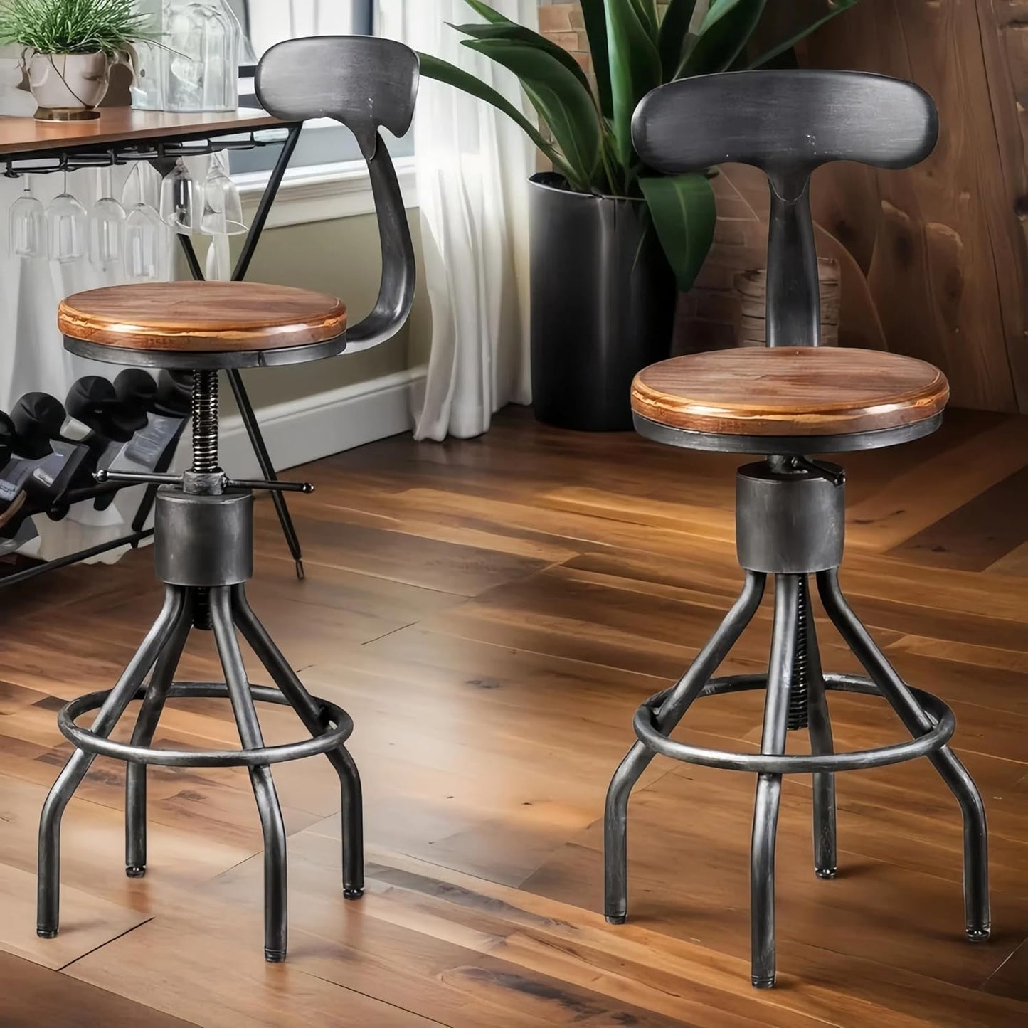 LOKKHAN Set of 2 Rustic Industrial Bar Stool-24-30 Adjustable Metal Swivel Wooden Top Barstools-Counter Height Extra Tall Bar Height-Vintage Farmhouse Kitchen Breakfast Cafe Stool-with Backrest