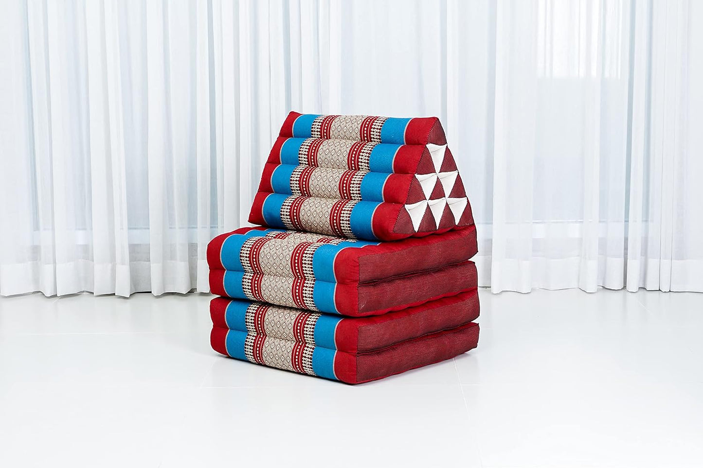 Leewadee Comfortable Japanese Floor Mattress - Thai Floor Bed with Triangle Cushion - Futon Mattress - XL Extra Long Thai Massage Mat, 89 x 20 inches, Blue Red, Kapok Filling