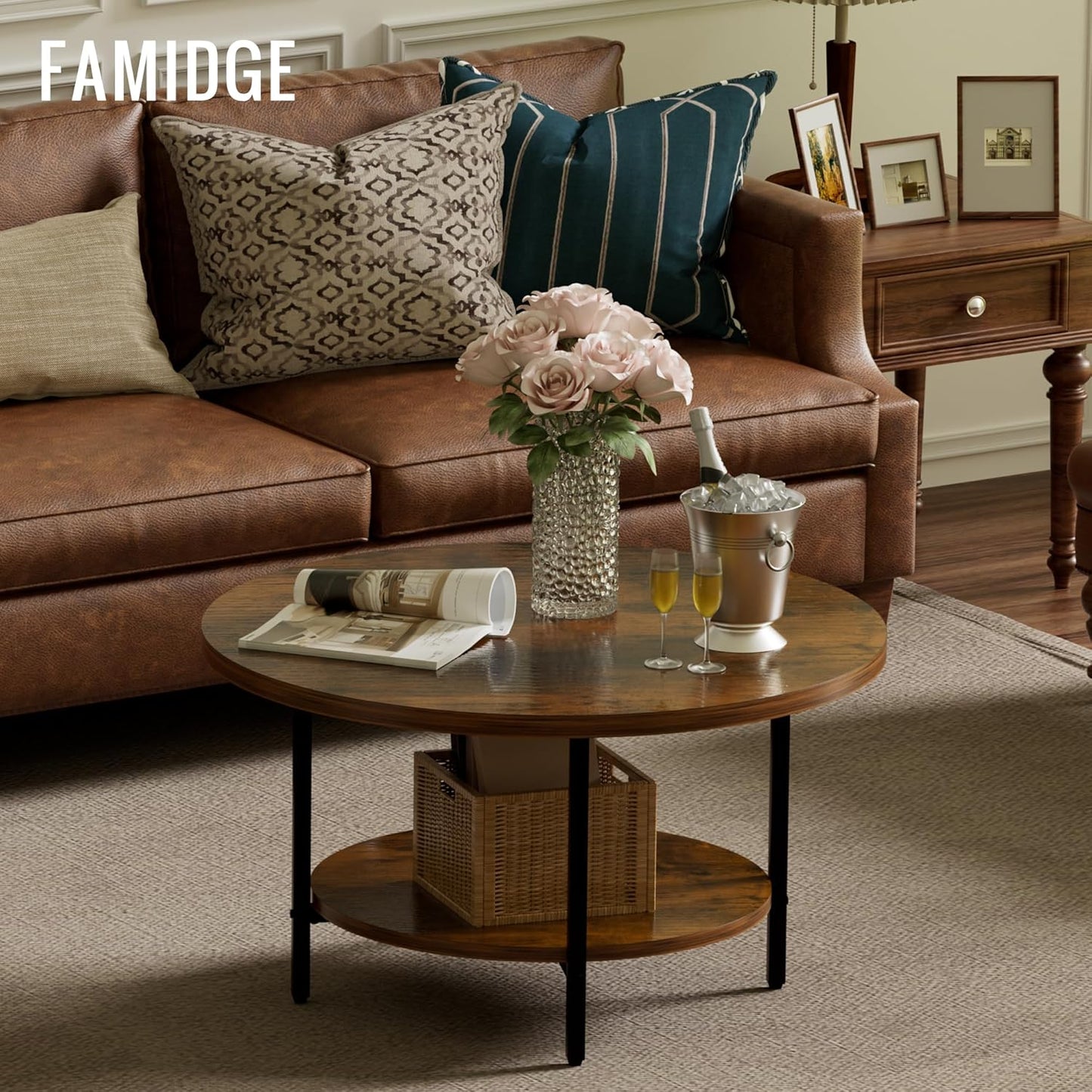 Round Coffee Table, 27.6" Circle Coffee Table for Living Room, 2-Tier Wood Accent Center Table with Open Storage Industrial Design Home Furniture, Rustic Brown