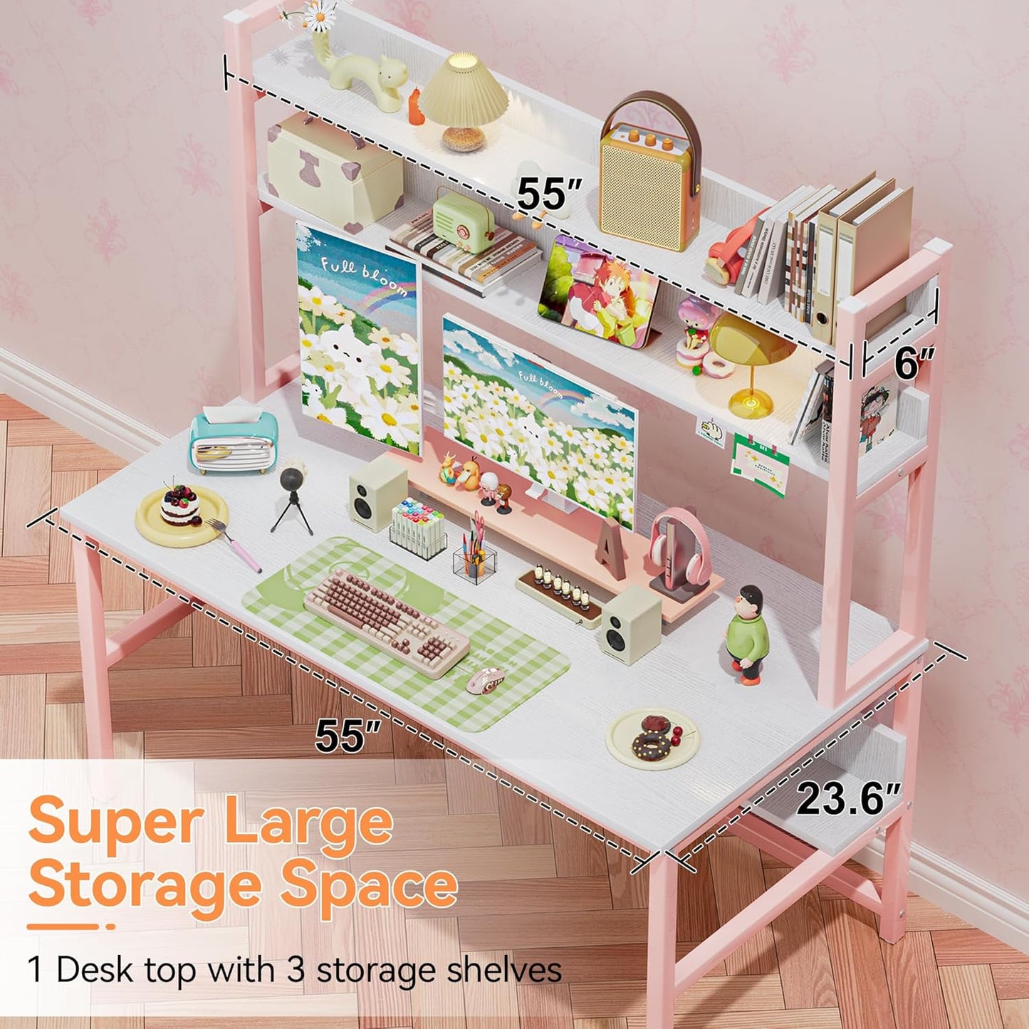 Aquzee Pink Desk with Hutch for Girls, 55in Computer Desk with Bookshelf for Teens Adults, Craft Table for Bedroom Kids Room, White Pink Study Table with Shelves for Storage