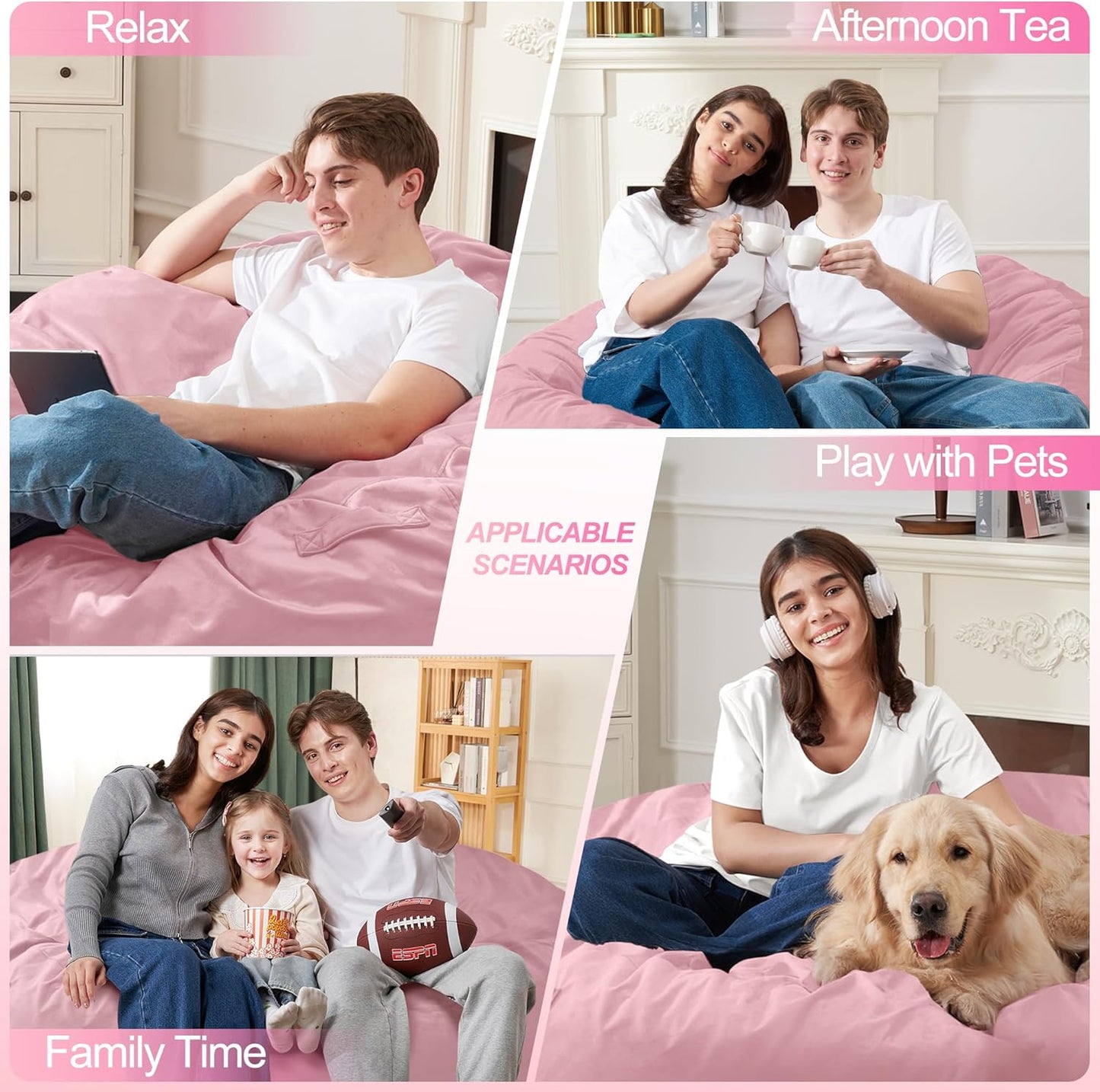 Homguava 4 FT Bean Bag Chair: 4' Bean Bags with Memory Foam Filled, Large Beanbag Chairs Soft Sofa with Dutch Velvet Cover-Light Pink
