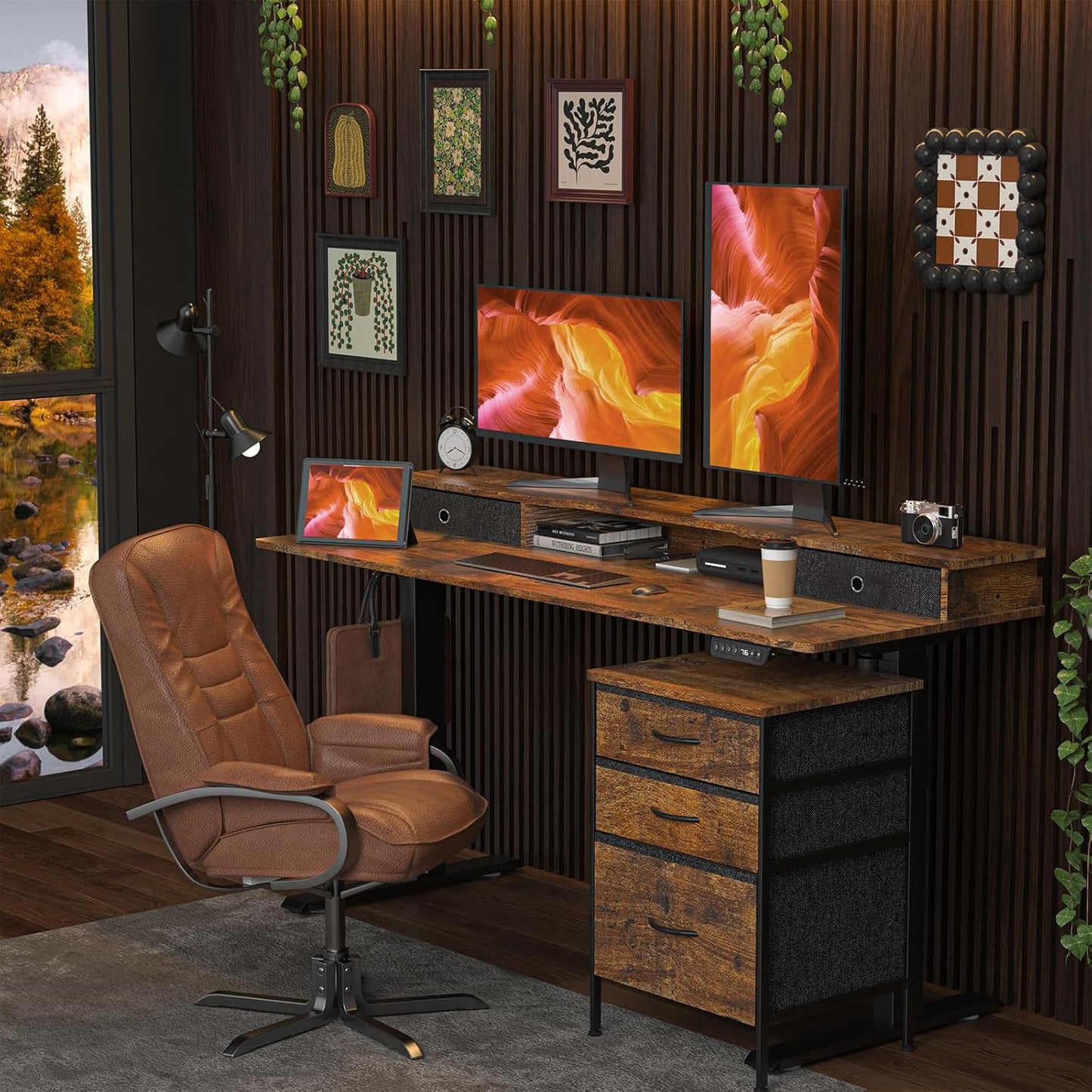 63 Inch Electric Standing Desk with Cabinet & Drawers, Height Adjustable Sit Stand Desk with Monitor Shelf, Smart Home Office Standing Computer Desk, Rustic Brown