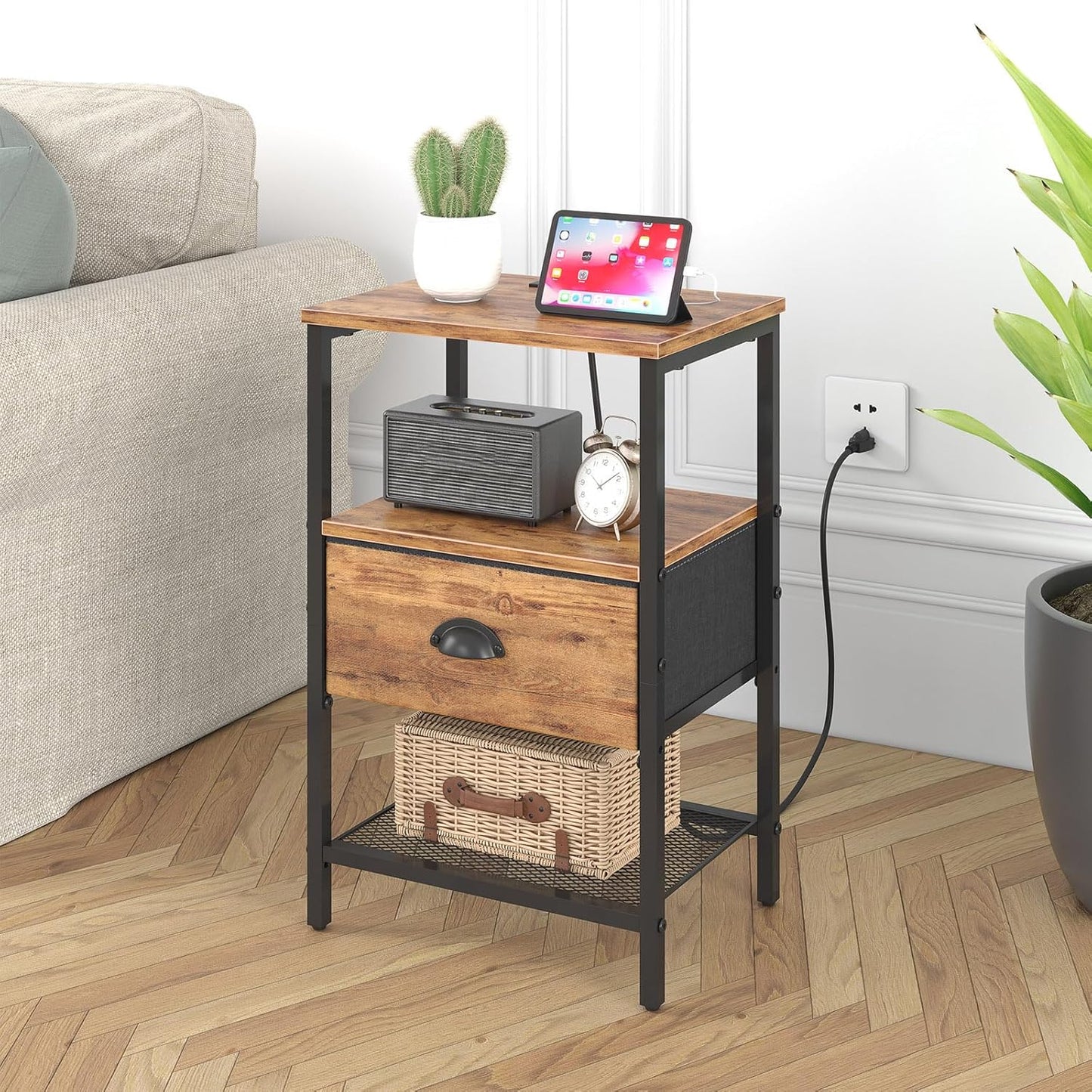 Nightstands Set of 2, Night Stands with Charging Station and Fabric Drawer, Bedside Tables with Storage, 2- Tier Side Table with Open Shelf, Nightstands with Charging Station,Rustic Brown