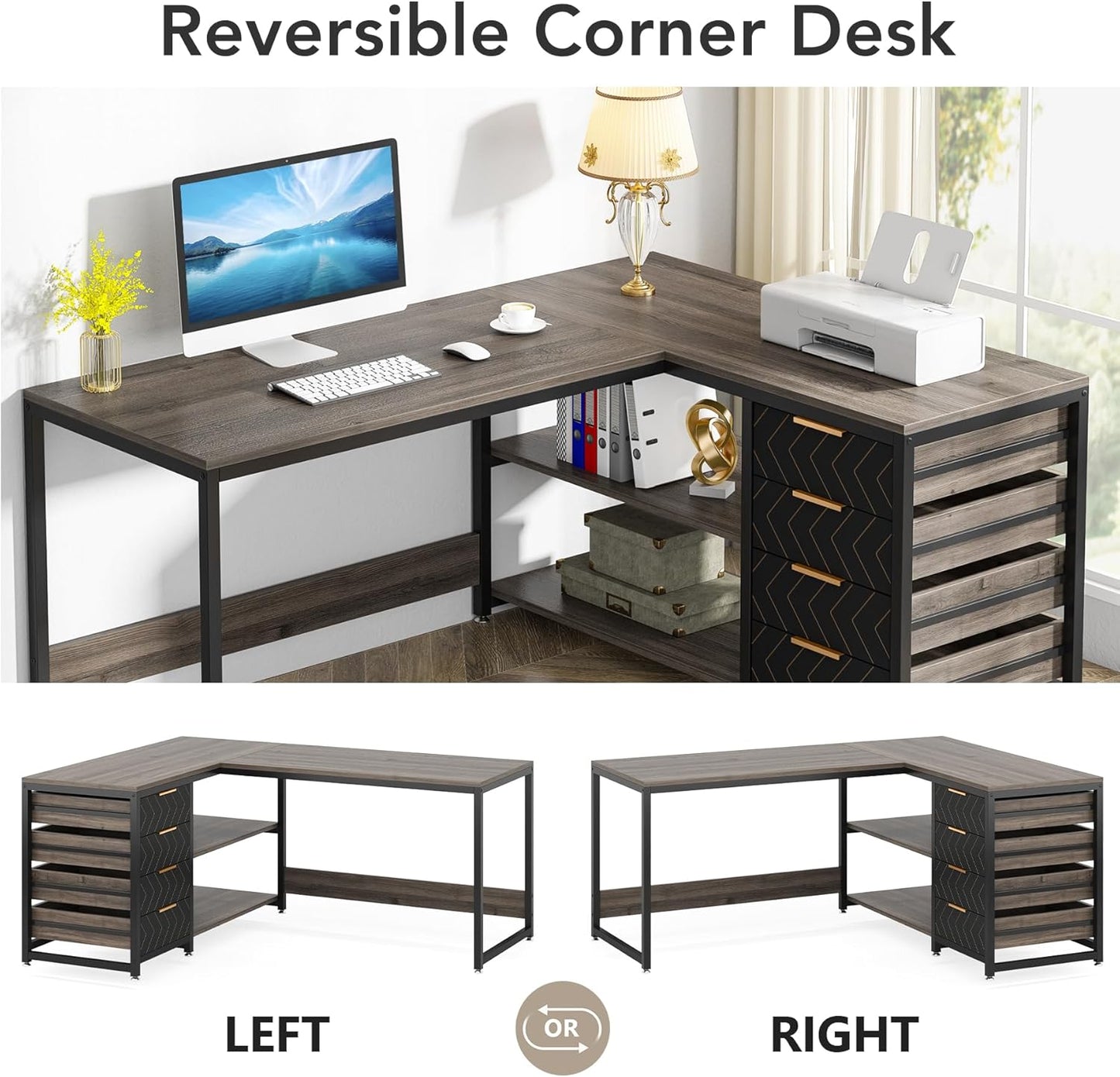 Tribesigns L Shaped Computer Desk with Storage Drawers, 59 inch Corner Desk with Shelves, Reversible L-Shaped Office Desk Writing Table Workstation for Home Office, Grey